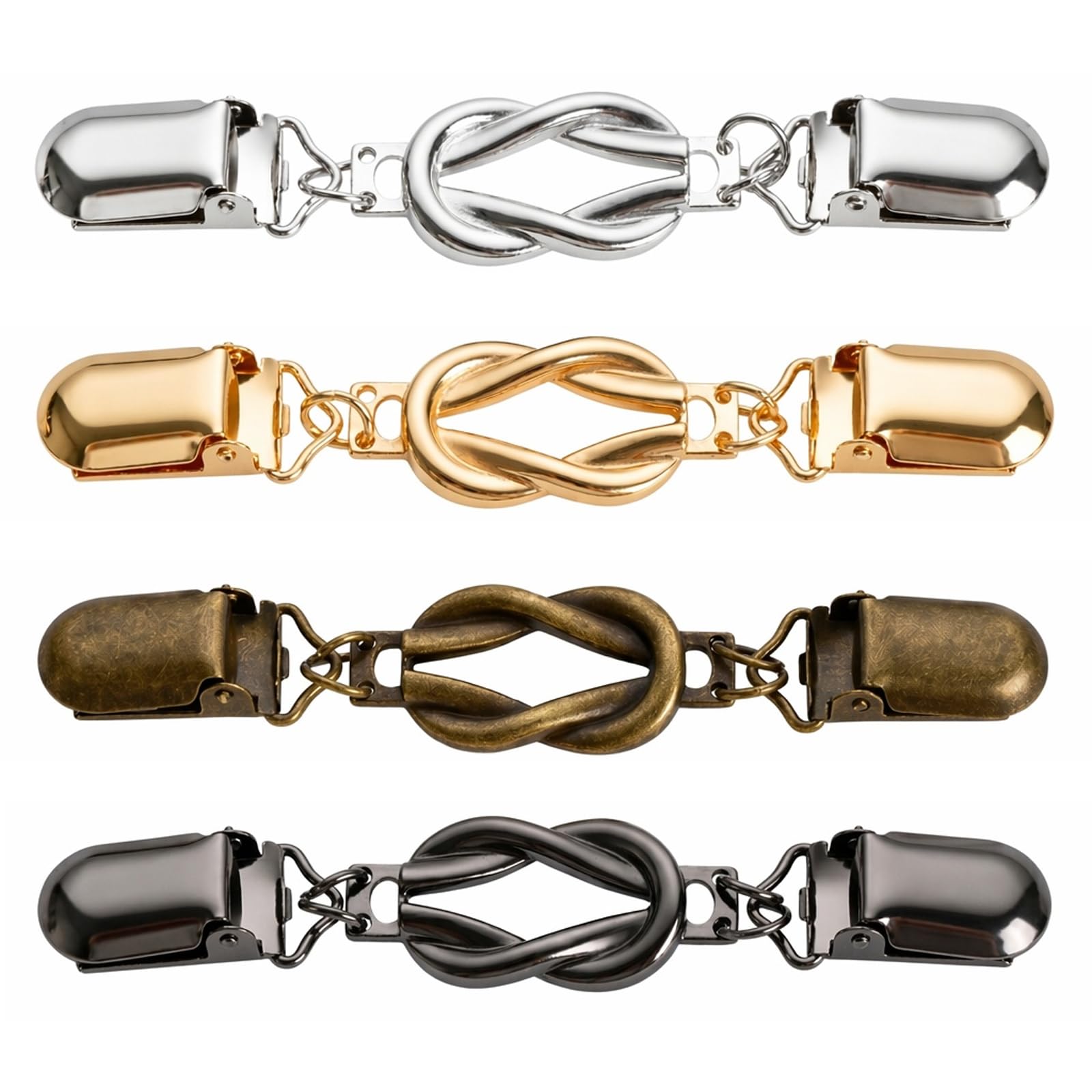 Cinch Clips for Clothes, 4 Pcs Metal Dress Clips Back, Waist Tightener Clips for Cardigans Shawls Shirts Pants, Vintage Sweater Clips to Hold Sweater Together, Clothing Clasps Set (Silver, Gold, Black