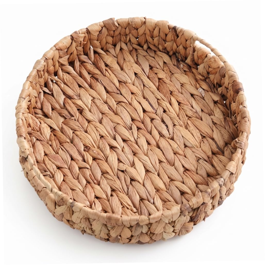 Monetais Round Woven Tray, Handwoven Water Hyacinth Wicker Serving Tray with Handle for Kitchen/Bedroom/Bathroom, S Round Rattan
