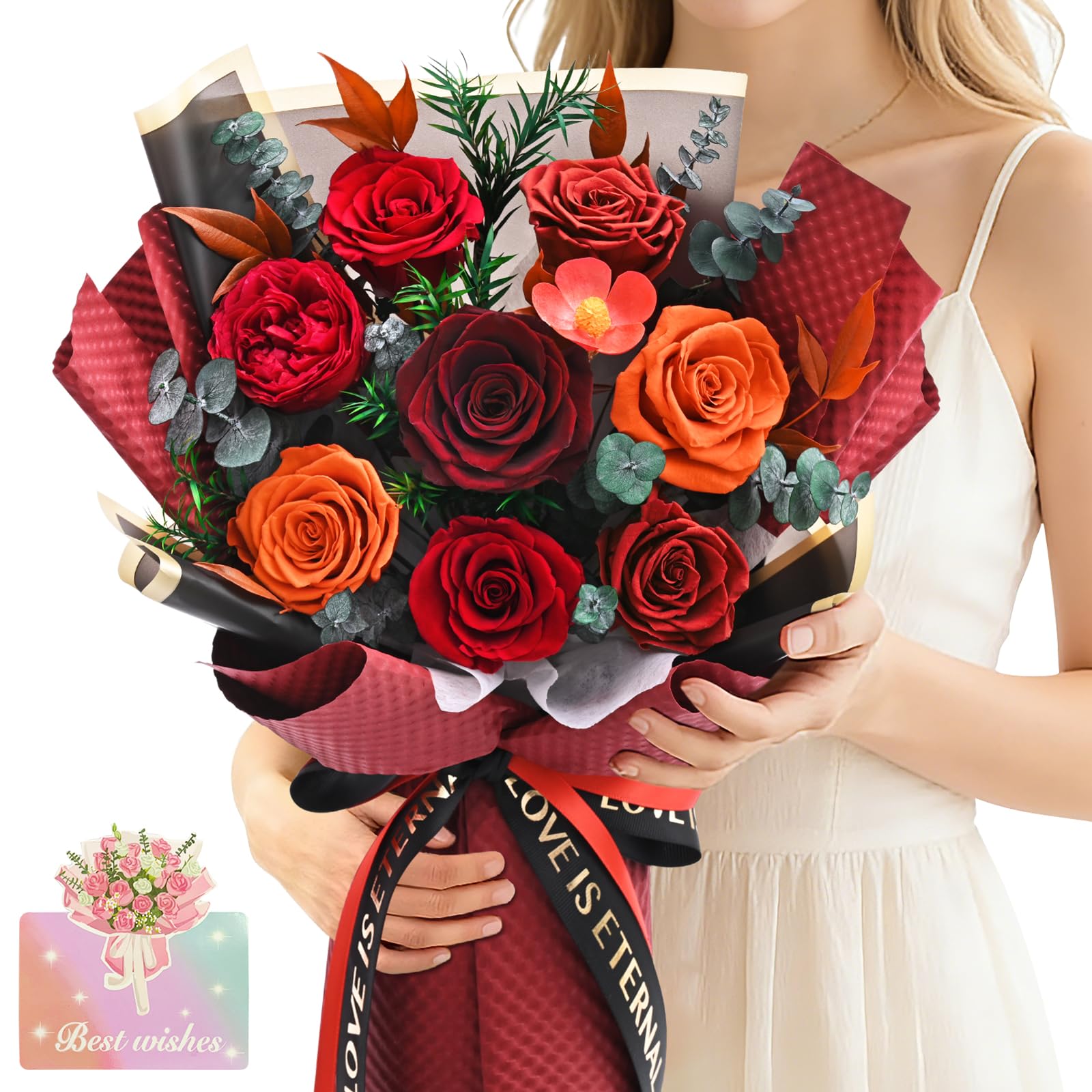 Yastouay 8-Piece Red Preserved Roses Bouquet