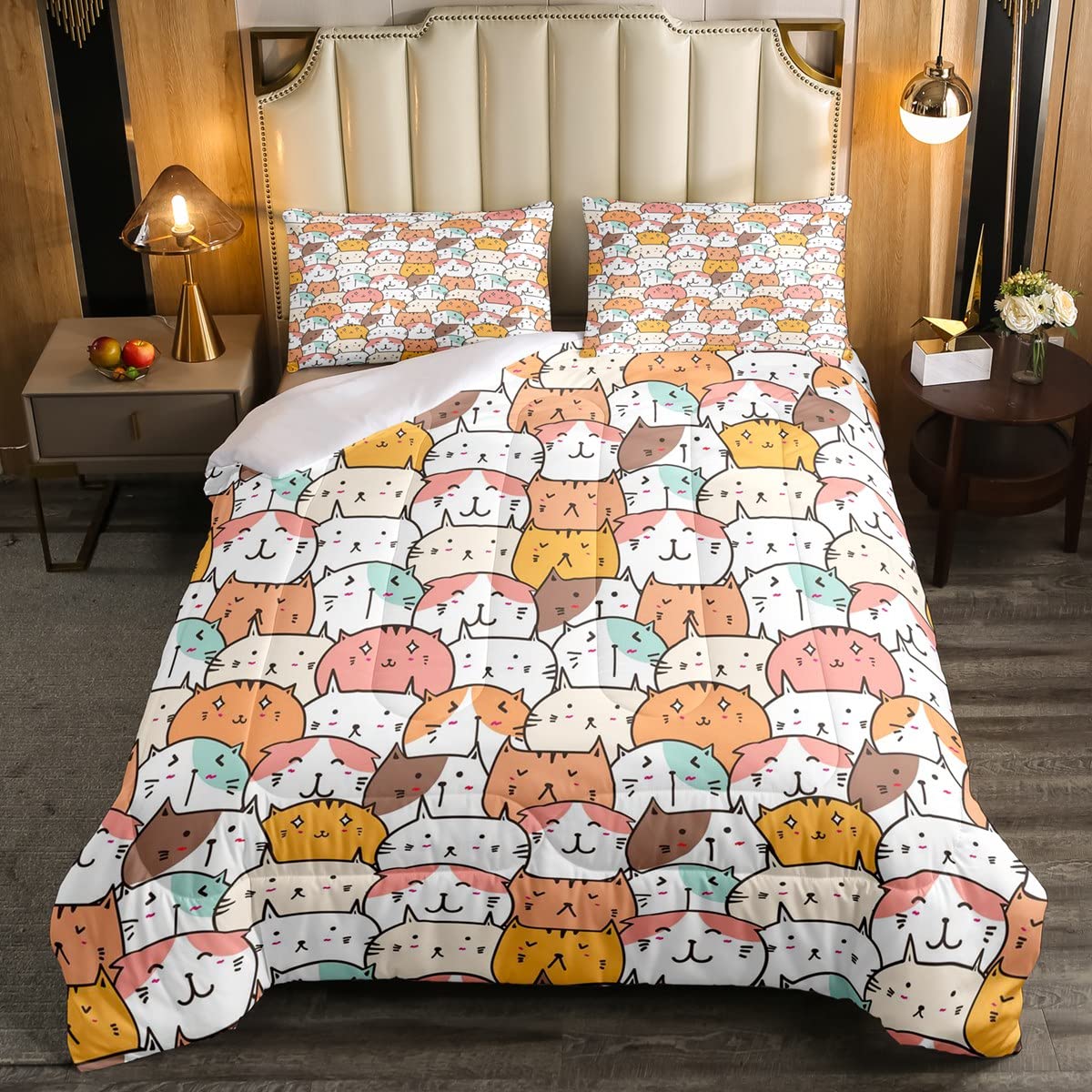 Girls Cat Cute Cat Head Duvet Set for Kids Boys Girls Cartoon Animal College Pet Cat Bedding Set Colorful Kitty Room 3Pcs King Size