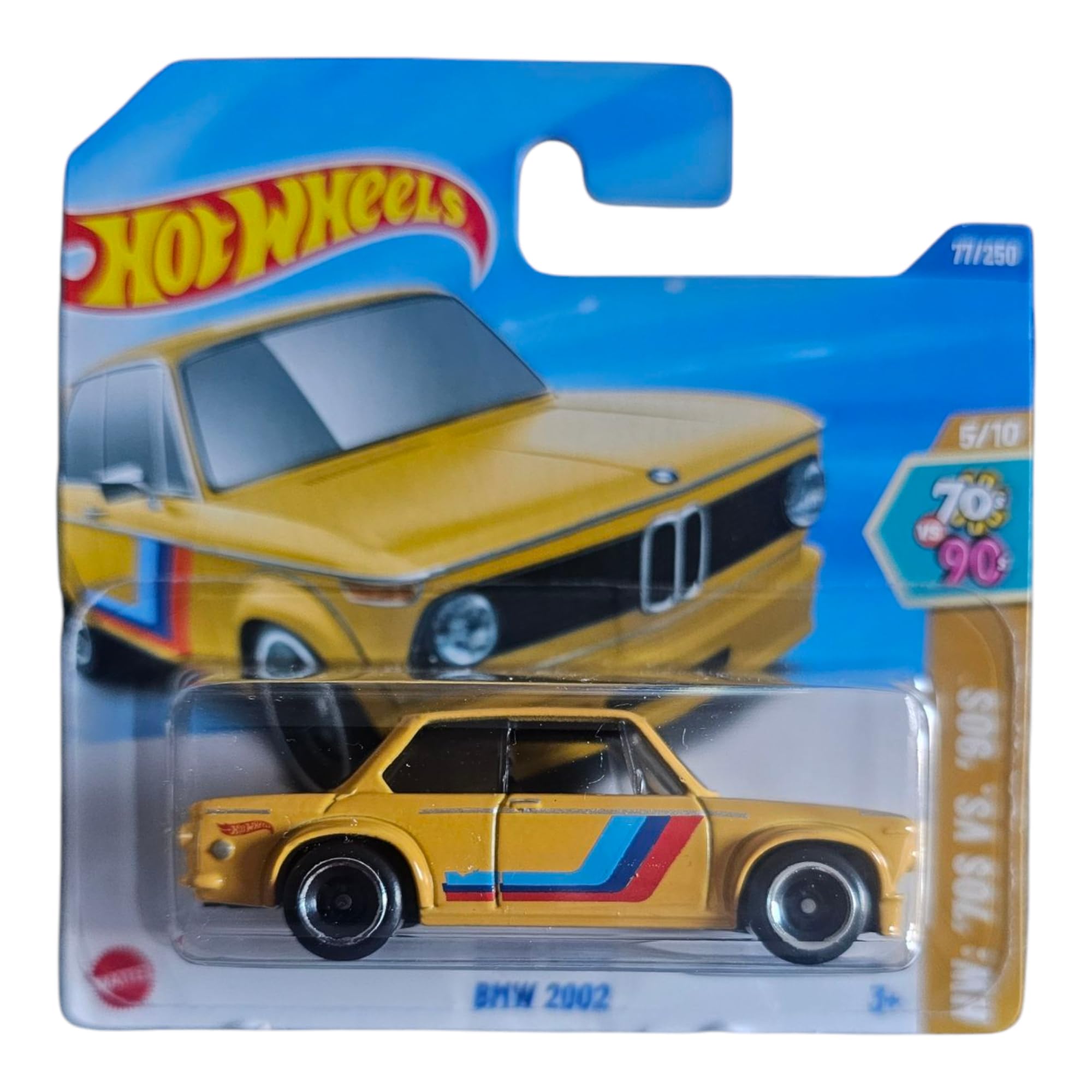 Hot Wheels BMW 2002, 1:64 Scale Die-Cast Model Car, Yellow with Racing Stripes, 77/250
