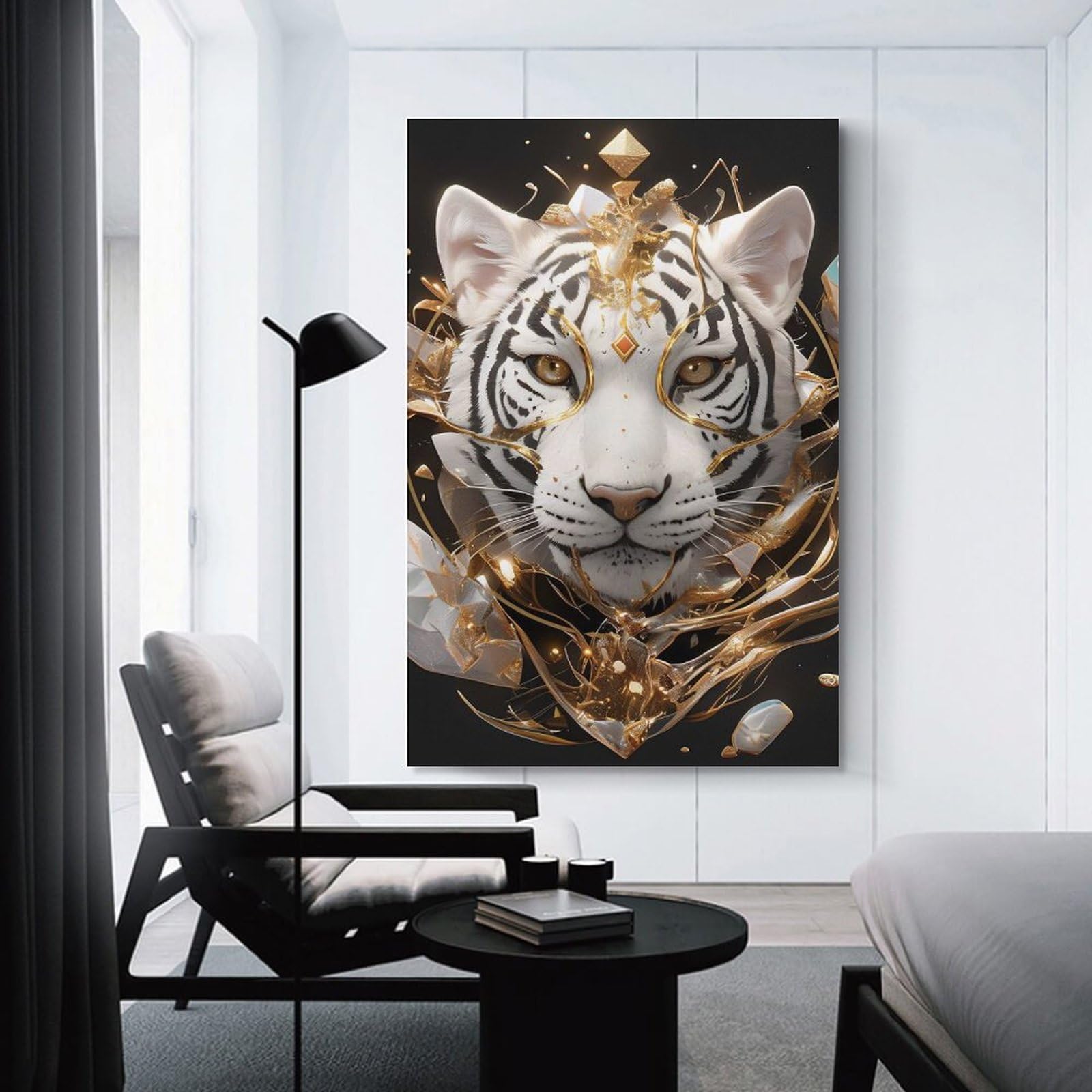 Junmoney Home Decor Wall Art Golden White Tiger Portrait, 08x12inch(20x30cm), for Gallery Wall Decor And Room Displays, An Easy Match for Collected Prints