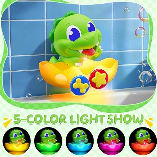 Miniatura 2 de Juguetes de baño de dinosaurio para bebés de 1, 2 y 3 años, máquina de burbujas de baño de dinosaurio con luces arcoíris y cuchara de agua,