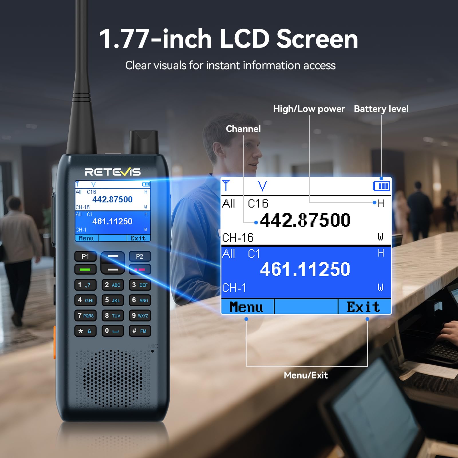 Retevis MateTalk C63 Krótkofalówki dla Dorosłych, System Dyspozytorski z Alarmem Wibracyjnym/Funkcją SMS, Wyświetlacz LCD, 3 Tryby Połączeń, Smukłe Krótkofalówki do Wież Biurowych (2 Opakowanie)