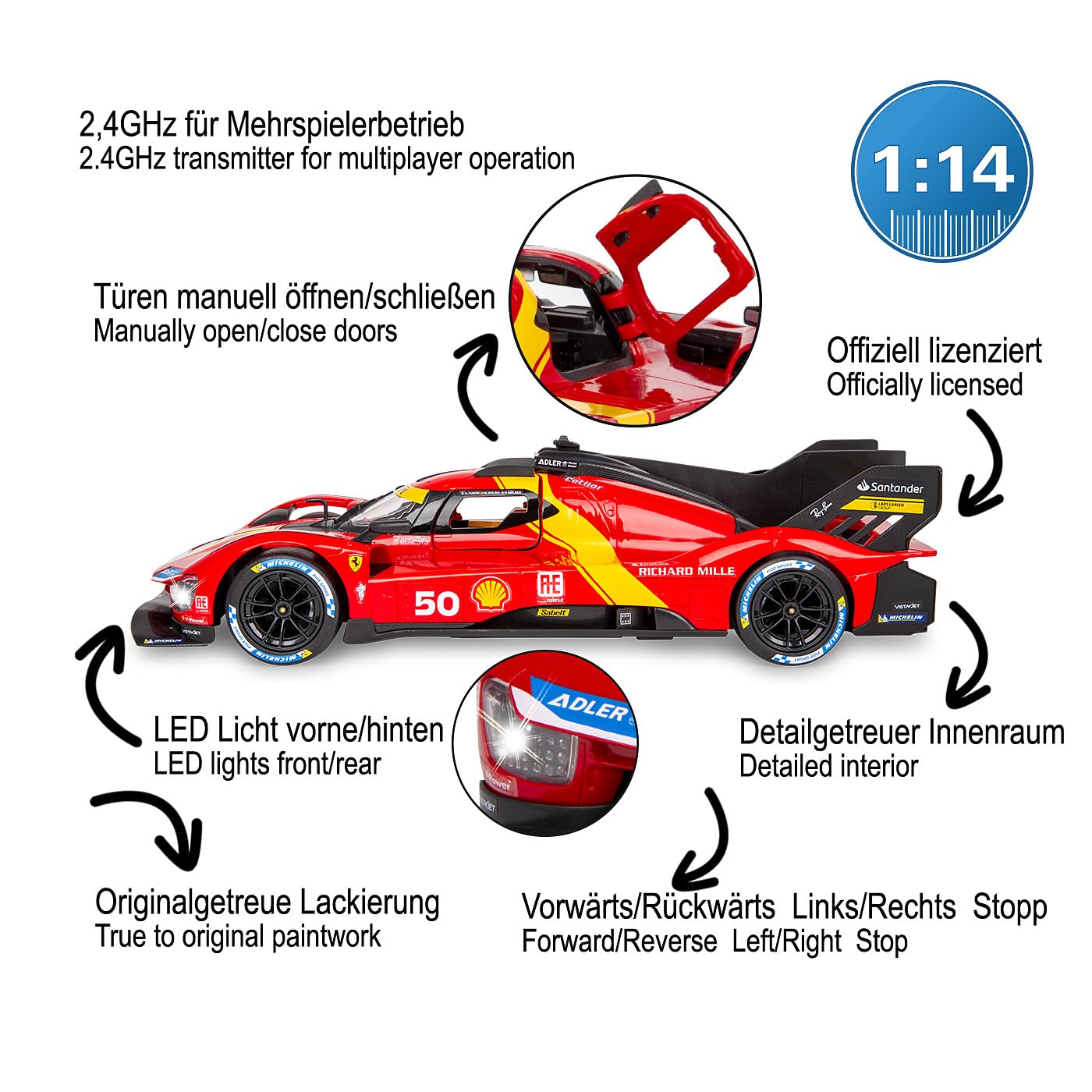 JAMARA Ferrari 499P 1:14 Czerwone Drzwi ręczne 2,4 GHz - Oficjalna licencja - Szczegółowe wnętrze - Farba wierna oryginałowi - Przezroczysta szyba przednia - Światło LED - Samochód RC
