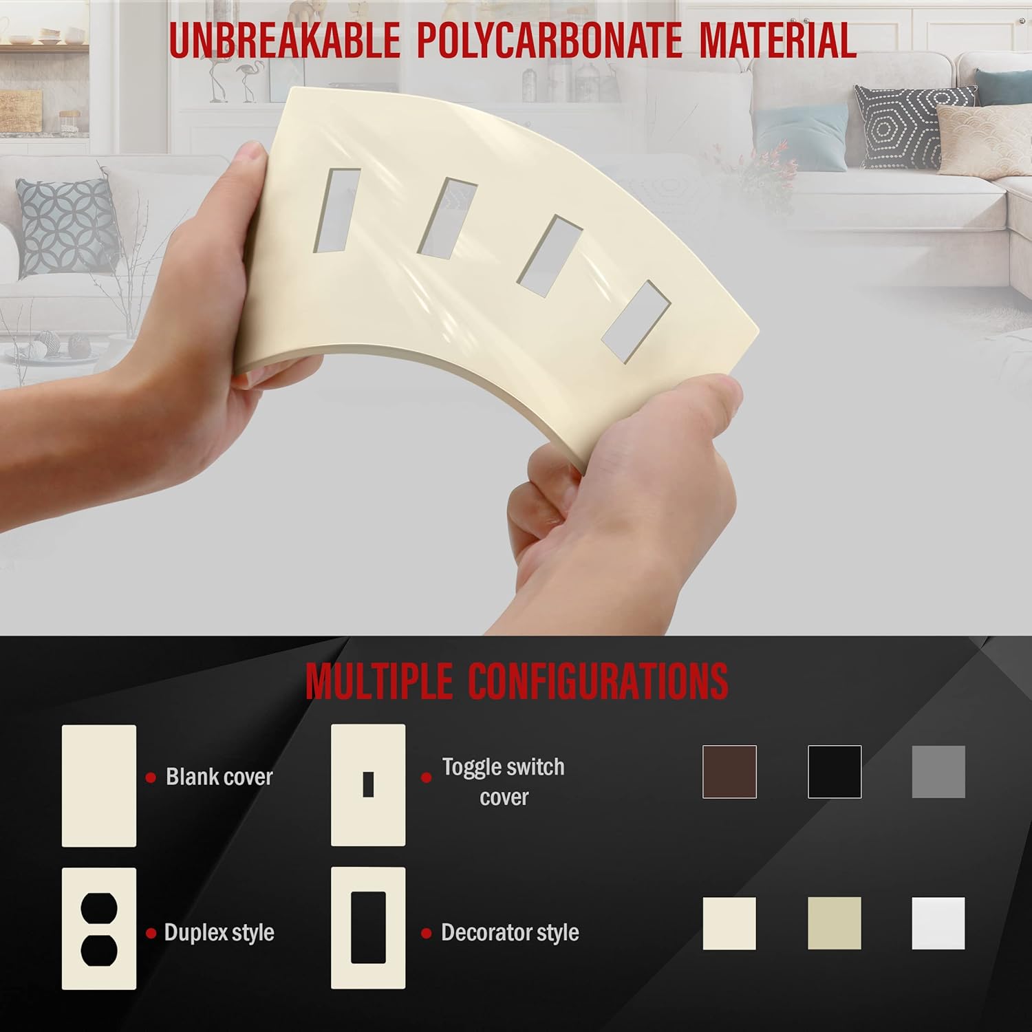 ENERLITES Screwless Quadruple Toggle Switch Wall Plate, Child Safe Light Switch Cover, Standard 4-Gang 4.68" x 8.38", Unbreakable Polycarbonate Thermoplastic, UL Listed, SI8814-LA, Light Almond