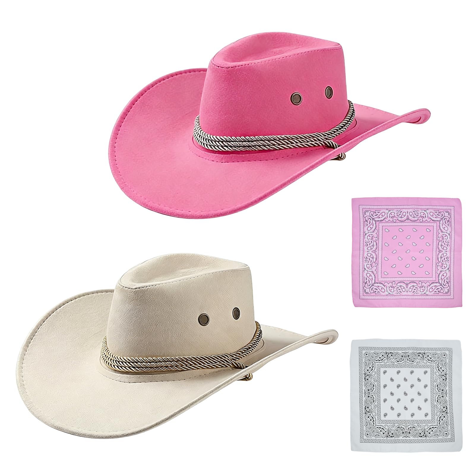 4 Pcs Cowboy Hats with Bandana Set,Wide Brim Western Cowboy Hat with String & Cycling Scarf,Texan Western Costume Accessories for Halloween Bachelorette Fancy Party Dress Up (Pink + Off-white)