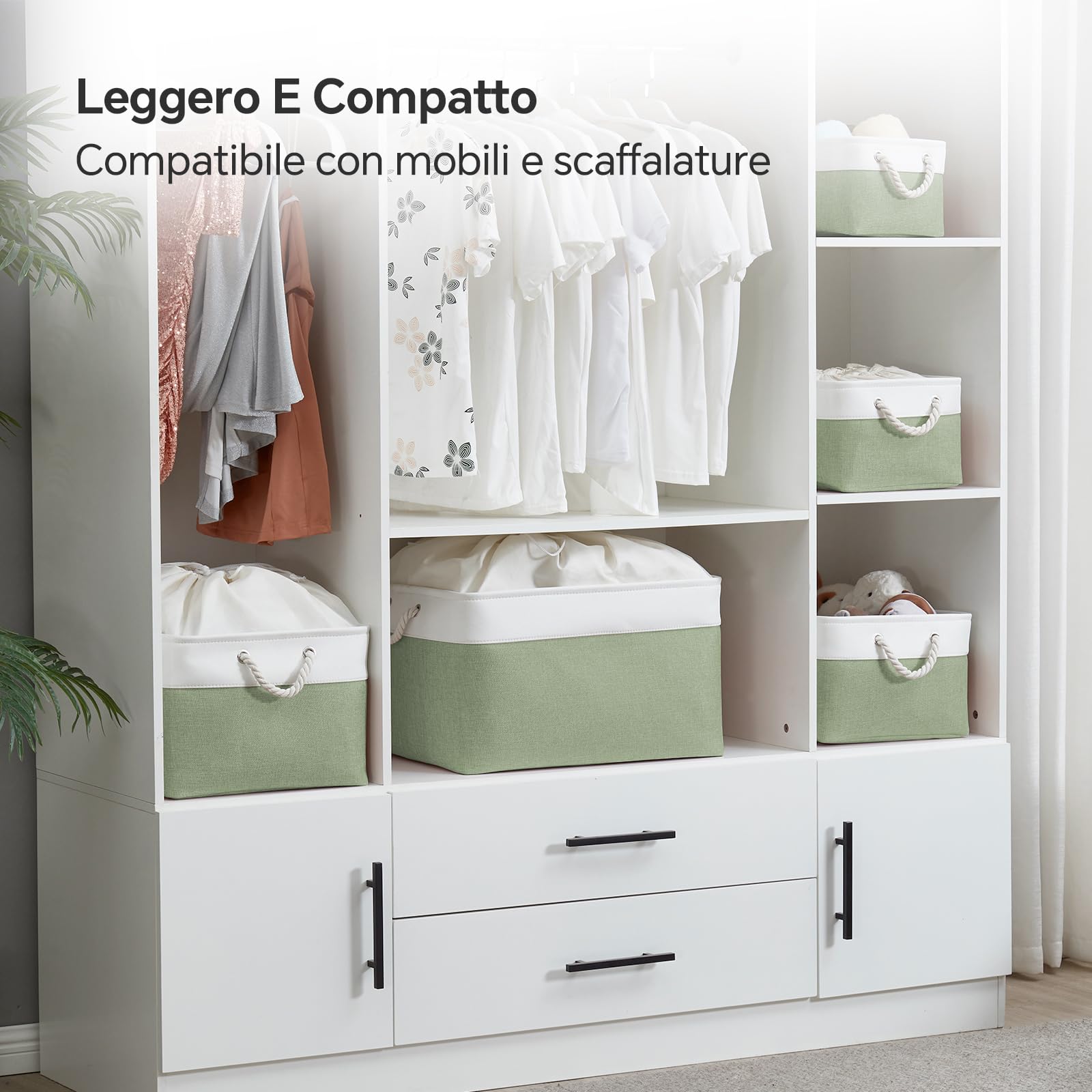 Mangata cestino portaoggetti in morbido tessuto, scatola con manici a corda, contenitori rettangolari per armadio, guardaroba, bagno, scaffale, 50 x 40 x 30 cm, verde e bianco