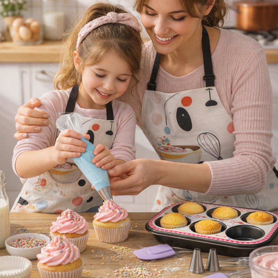 Children's Baking and Kitchen Kit for Children – Chef Role Play Set with Aprons Adult and Child, Food Silicone Utensils, Non-Stick Cupcake Mould – Montessori Gift from 3 Years