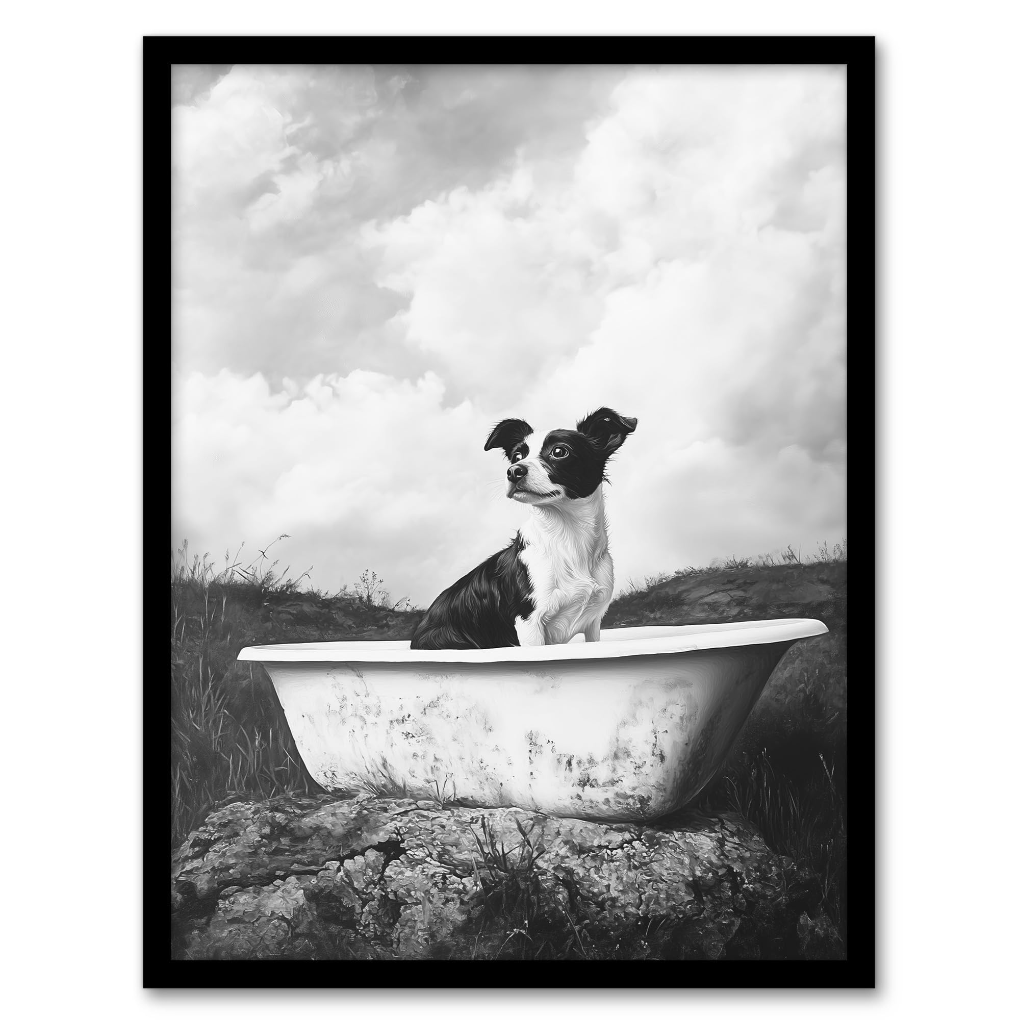 Artery8 Dog Lover Puppy in Bathtub Black White Surreal Bathroom Toilet Artwork Framed Wall Art Print A4