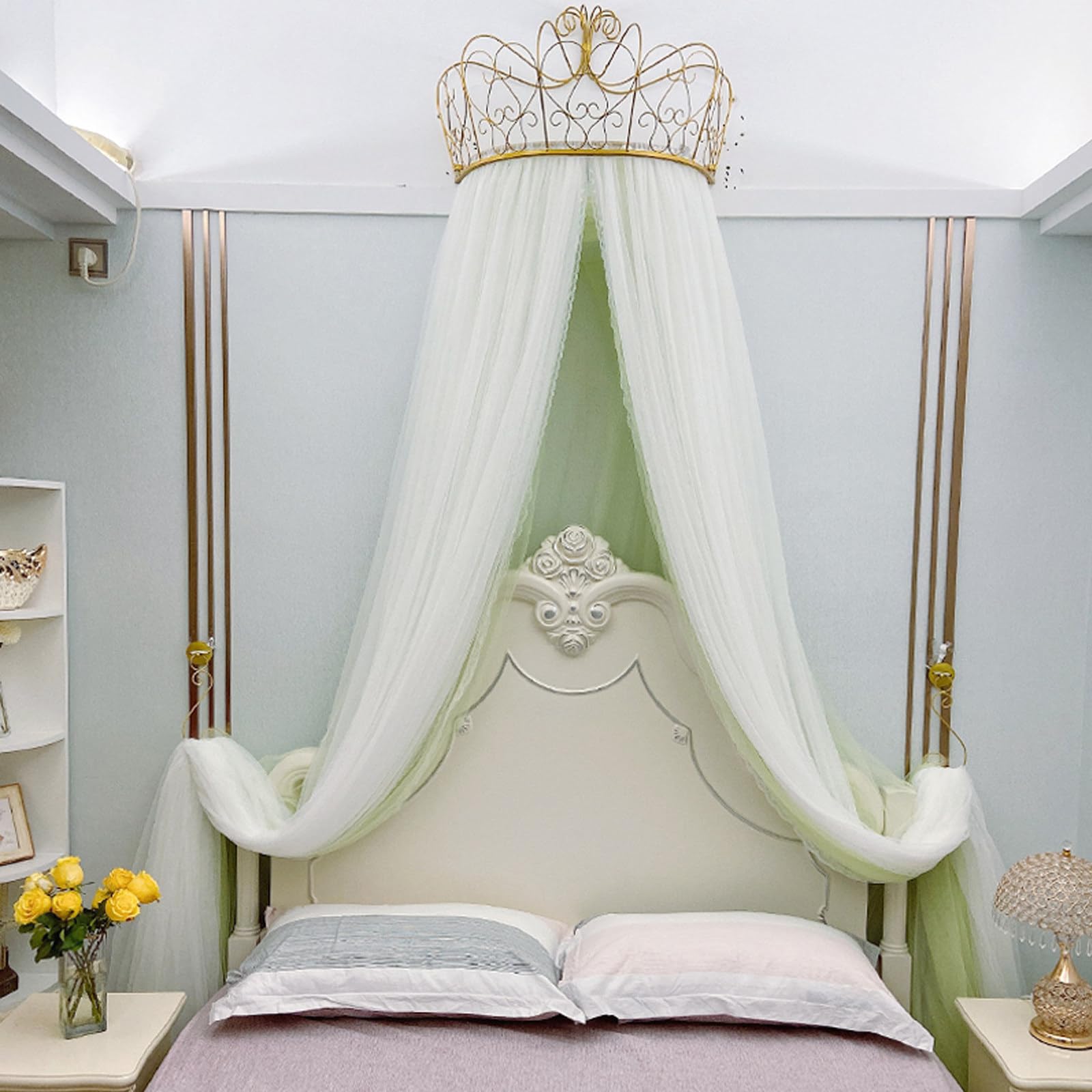 MESCXTY Princess Bed Canopy for Girls & Adults, Elegant Double Layer Curtain with Crown, Romantic Tents Valance(Full to Queen, Green)