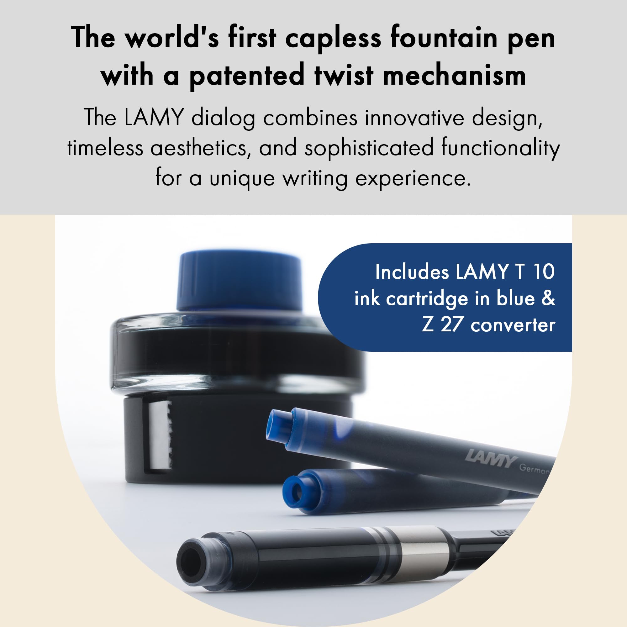Lamy Dialog CC All Black - Pióro wieczne bez zatyczki z mechanizmem obrotowym - stalówka 14 kt dwukolorowa złota, częściowo platynowana i w rozmiarze F - w zestawie wkład atramentowy T 10 niebieski i