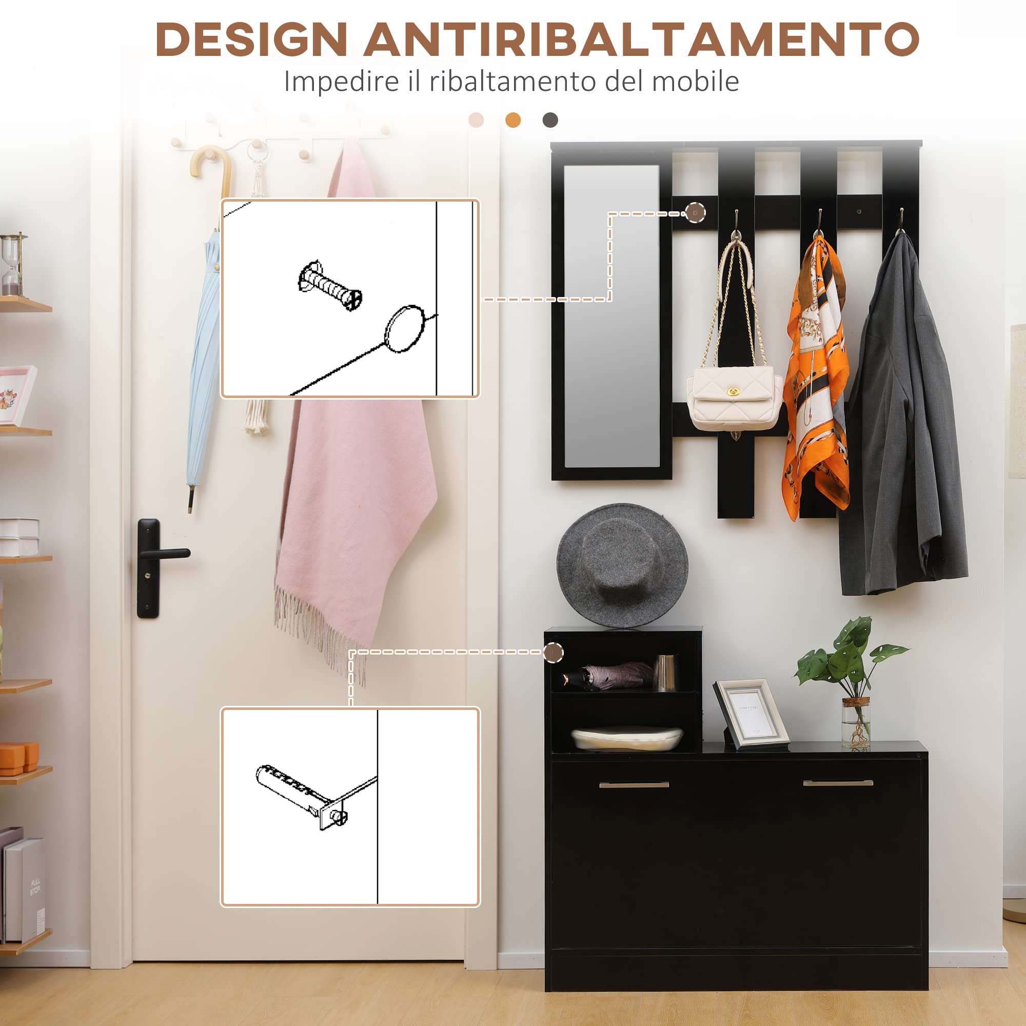 HOMCOM Set Appendi Abiti da Ingresso con Specchio e Scarpiera per 8 Paia di Scarpe, Legno Nero Lucido