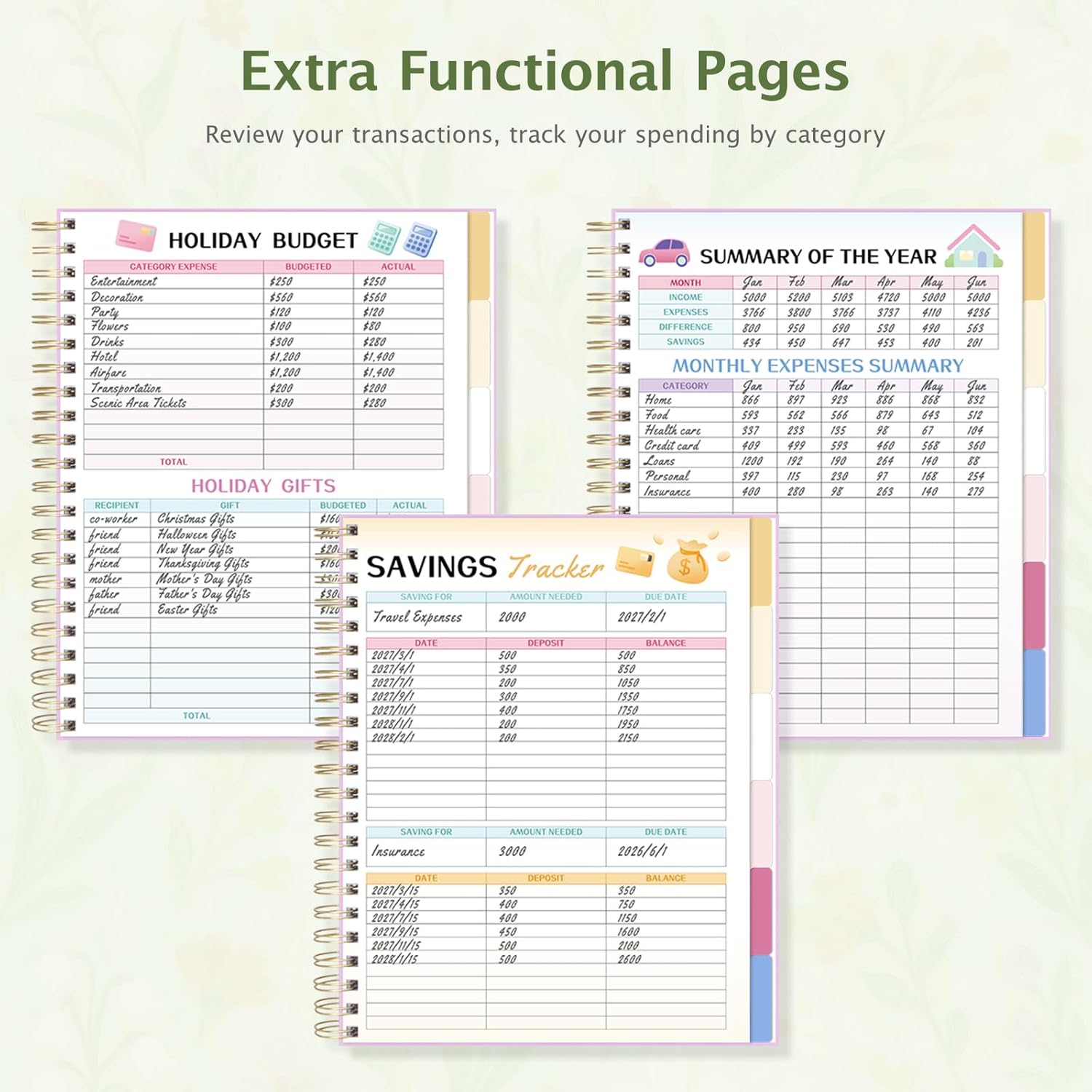 Ospelelf Budget Planner and Monthly Bill Organizer, Spiral Bindding Money Expense Tracker with Pockets & Stickers, 9" X 11" Large Pages for Spacious Writing, Original Fun Colorful Design, 12 Month Financial Notebook Green Floral