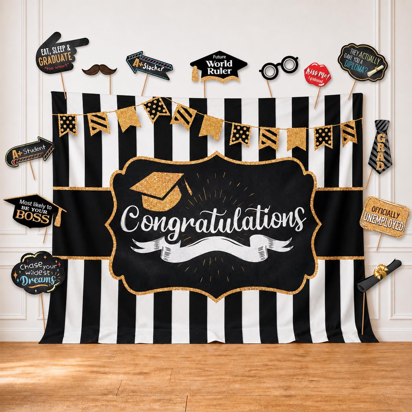 2026 Graduation Party Backdrop - Classy Black, White and Gold Theme Photography Fabric Backdrop and Studio Props DIY Kit. Great as Photo Booth Background Party Supplies and Prom Banner Decorations