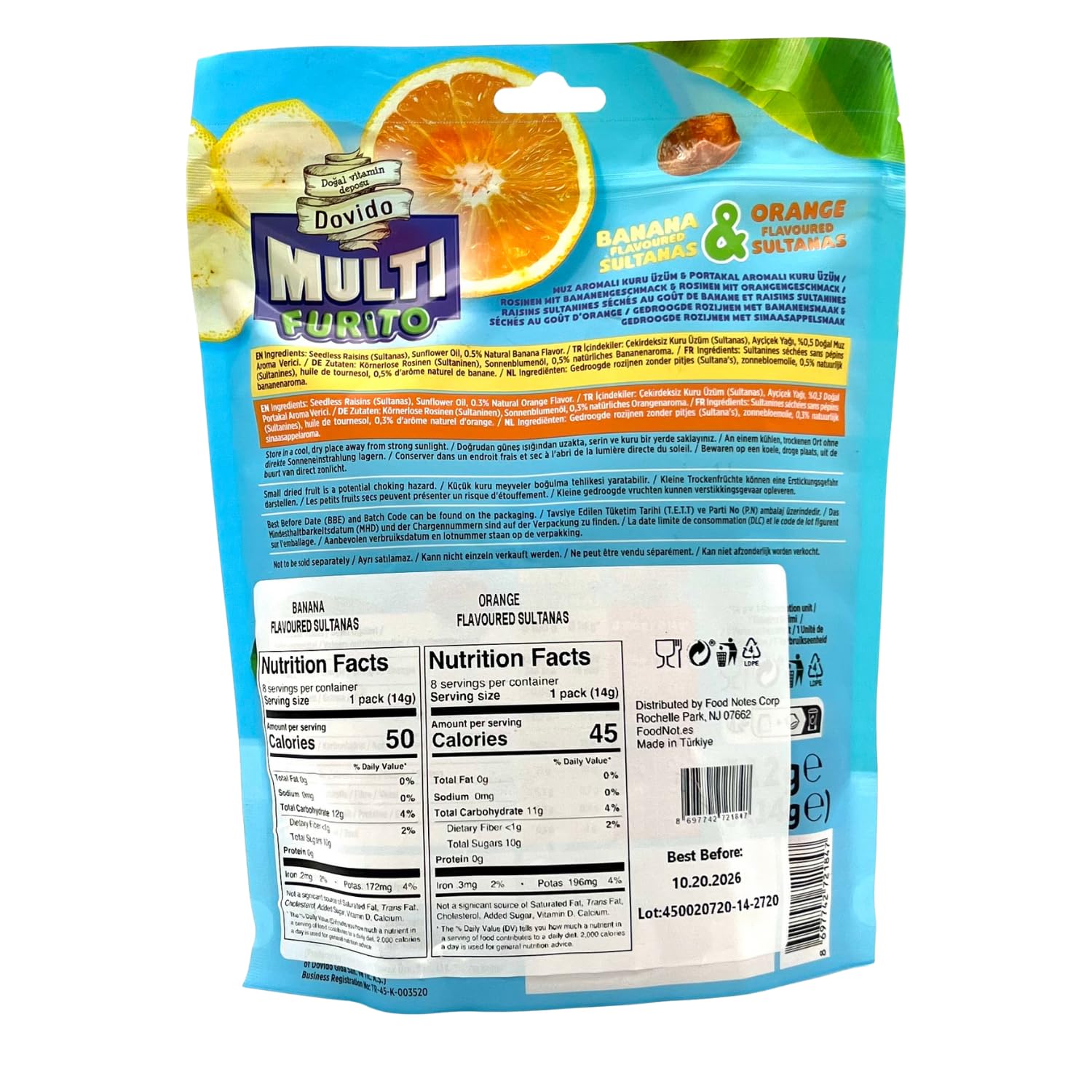 Dovido Multi Furito Naturally Flavoured, Raisins Variety Pack, Perfect for School Lunches, 0.5 Oz (Pack of 8), Gluten Free, Vegan (Pack of 4, Orange - Banana)