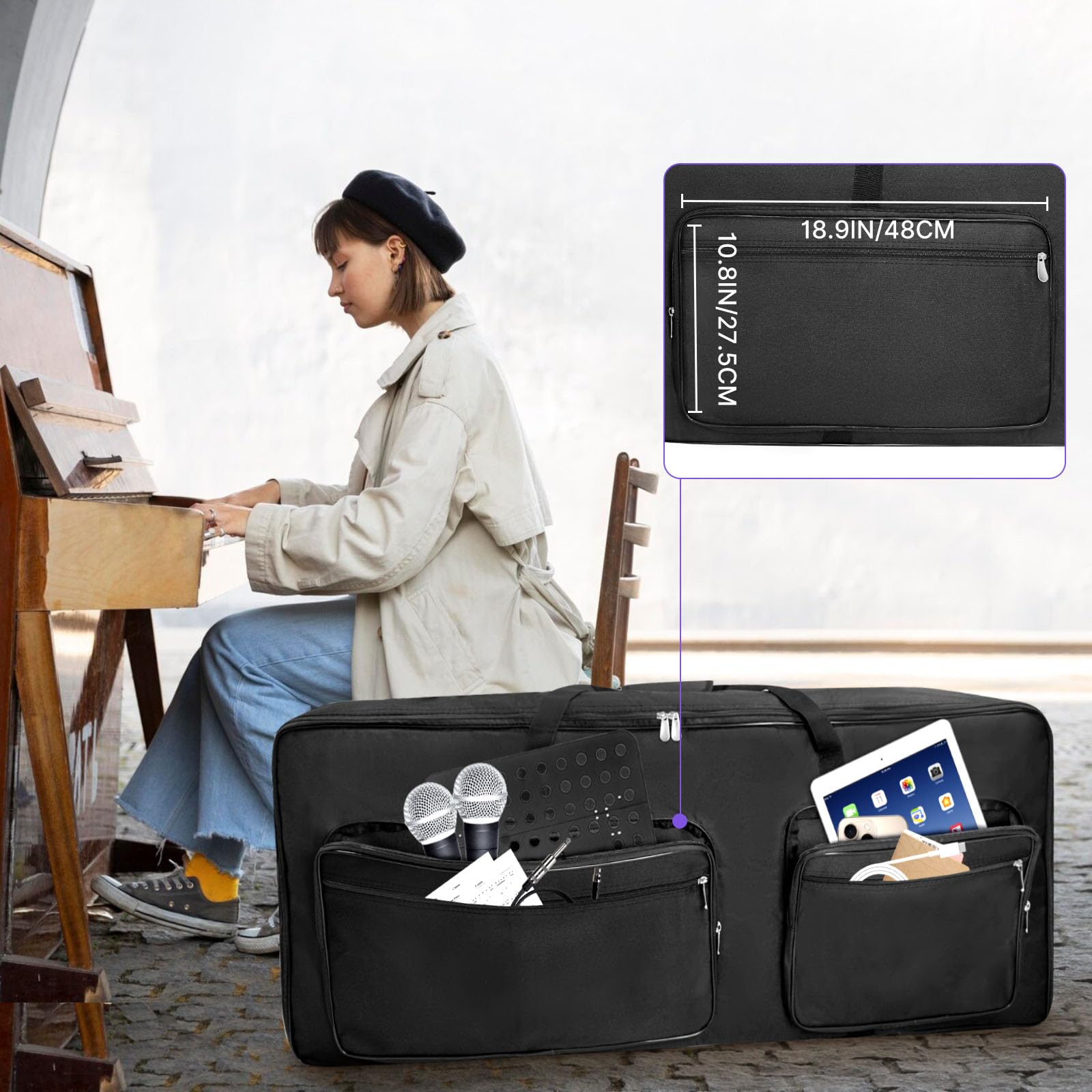 SUNDOY Custodia per tastiera a 61 tasti in robusto tessuto Oxford 600D, imbottitura in schiuma da 10 mm, perfetta per il trasporto di tastiere, accessori musicali e altro ancora
