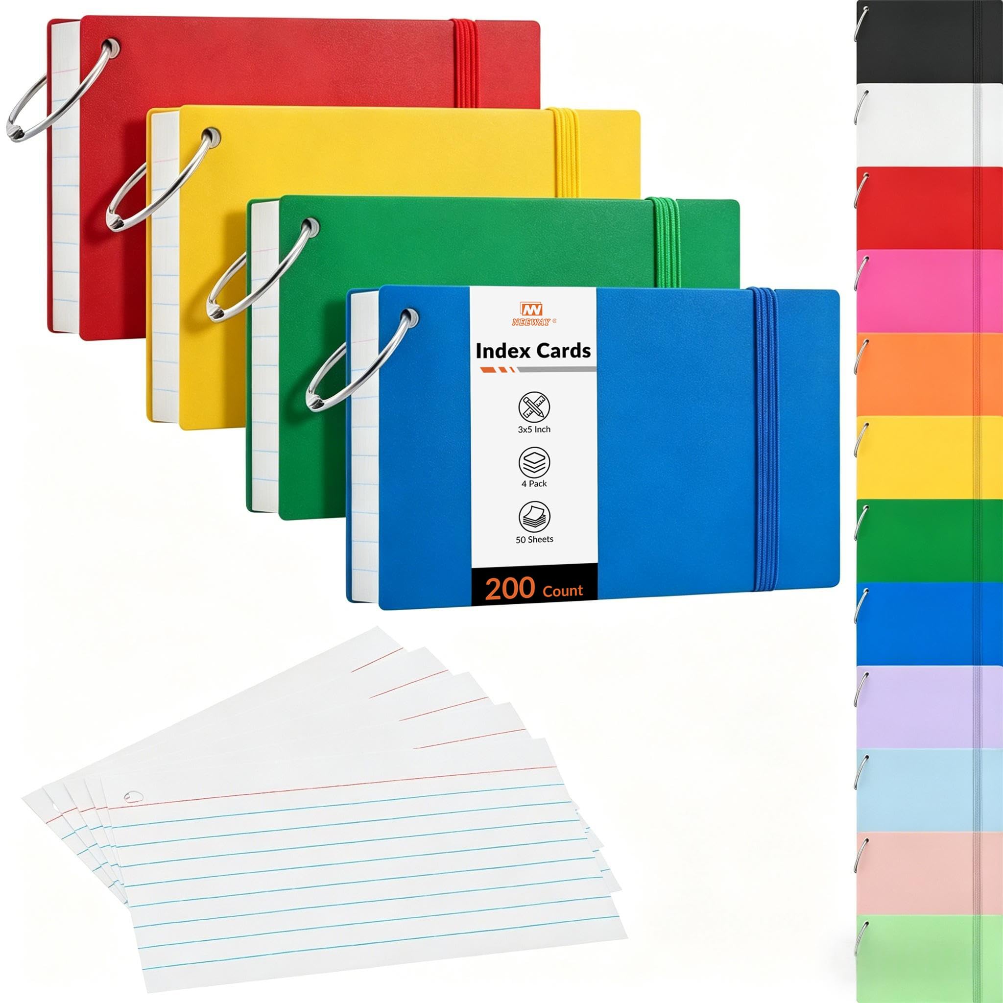 NEEWAY Ruled Index Cards with Ring 3x5 Inches, 200 Count Note Cards Lined, Flash Cards with Rings for Studying, Home and Office (Multicolor)