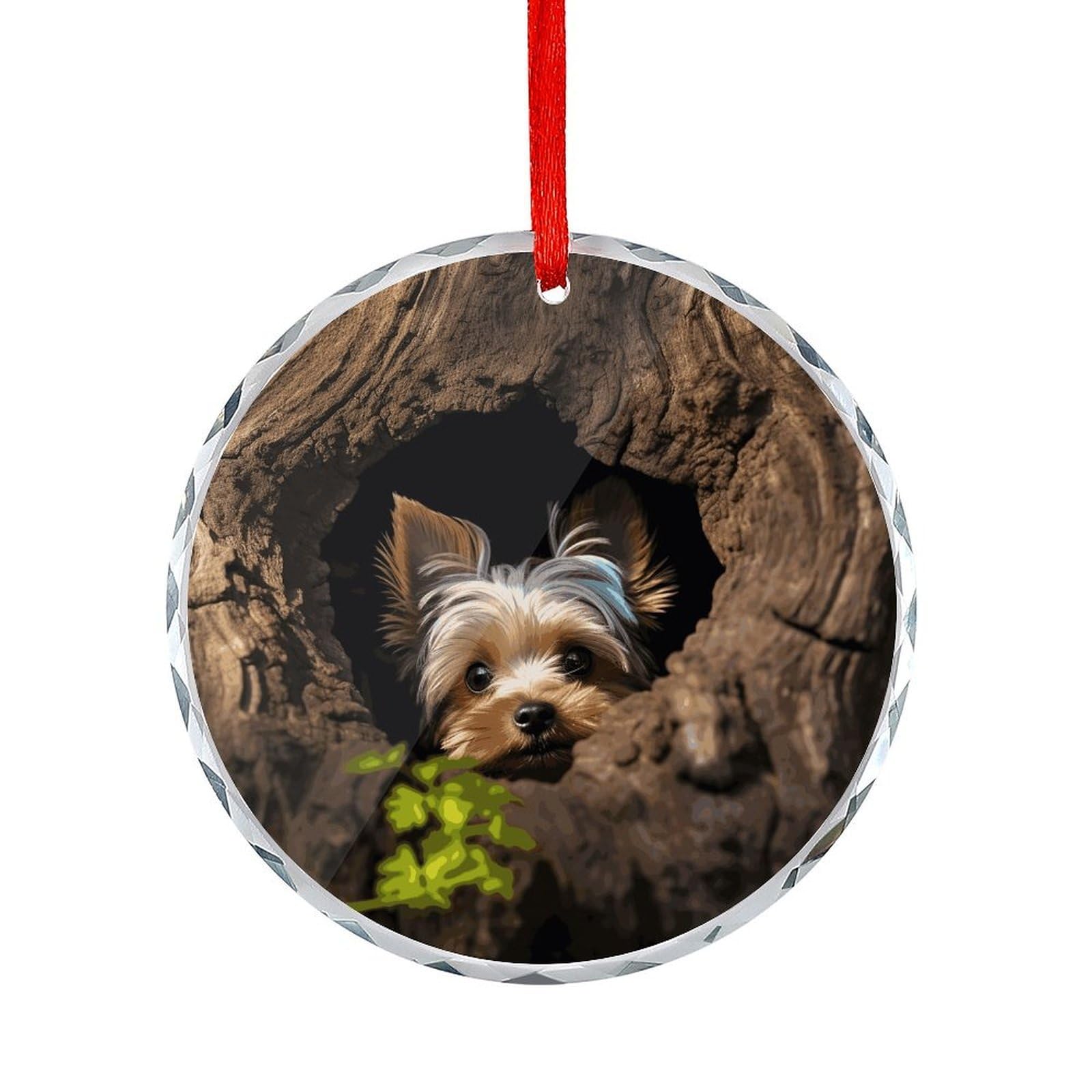 Btcowzrv Style Tree Hole Yorkie Round Ornament Hanging Pendant Decor