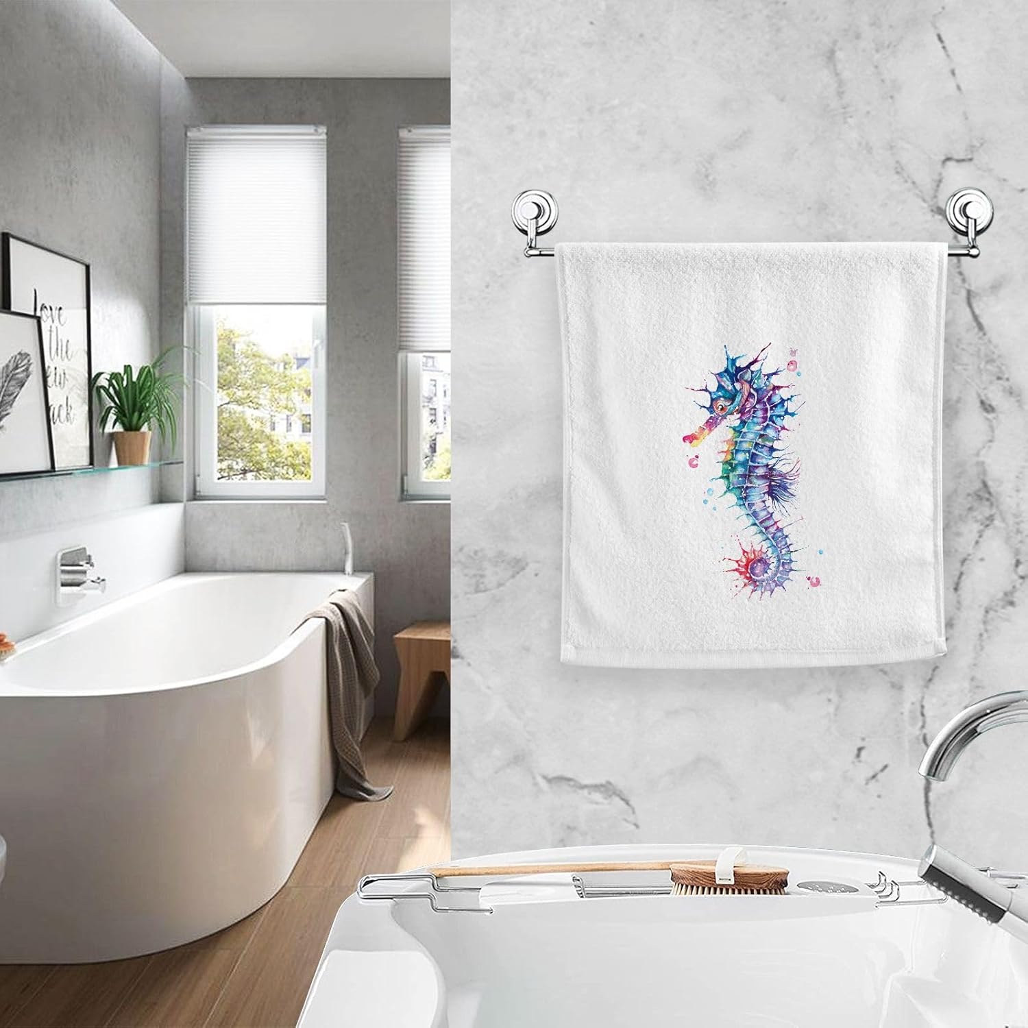 Seahorse Watercolor Bathroom Hand Towels for Bathroom Decorative Towels Bathroom Sets of 2 Soft 100 Percent Cotton Towel Set Luxury Bath Towels Face Towel 16" X 30"