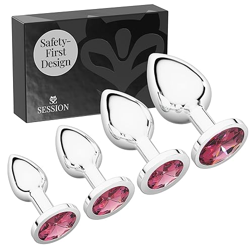 Session Jewel Butt Plug Beginner 4 Piece Set - X-Small, Small, Medium, Large - Wide Base Prevents Slippage - Metal Anal Sex Adult Toy for Men & Women - Silver & Pink - Circle Shaped Charm - Silver & Pink - Circle Shaped Charm