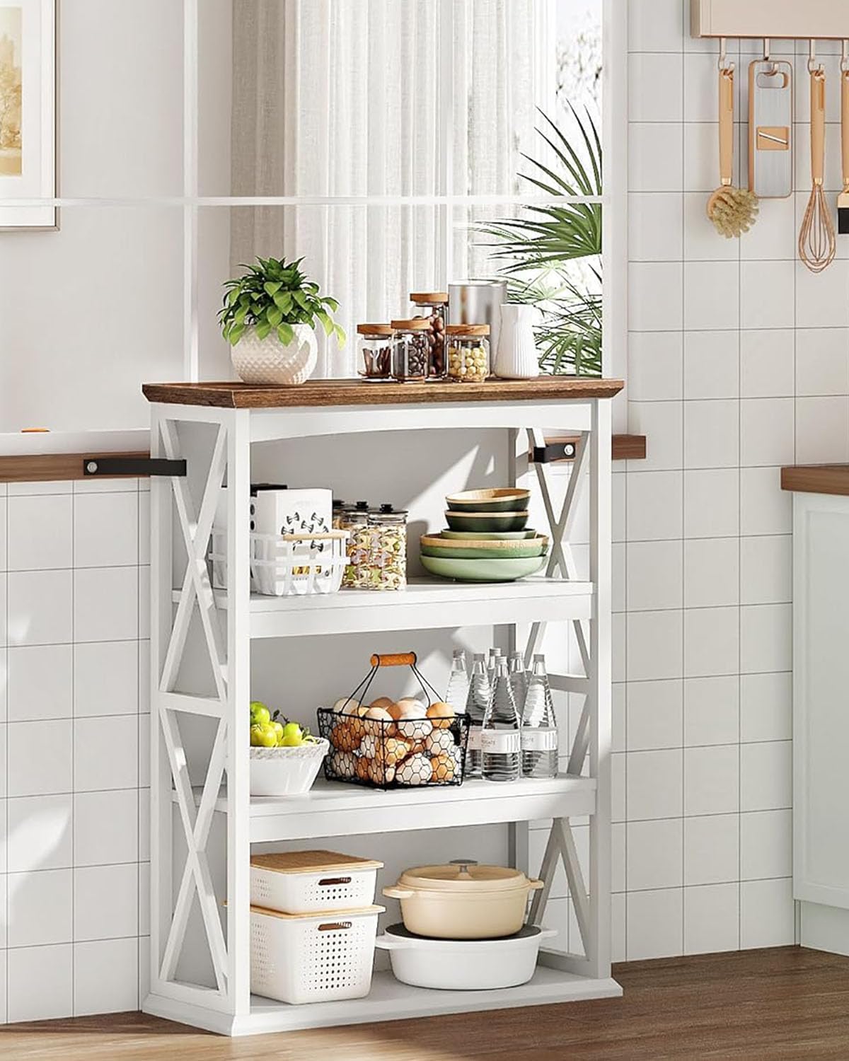 4-Tier Bookcase, 42.9" Floor Standing Organizer Shelf, Corner Book Stand, Metal Frame, for Study, Bedroom, Living Room, White and Walnut TSJ01WL