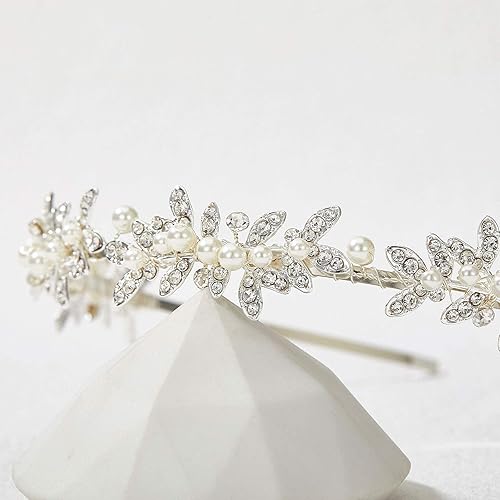 Miniatura 7 de SWEETV Diadema de novia con diamantes de imitación, tiara de cristal dorado para mujer, tocados de boda de perlas para novia, accesorios para el