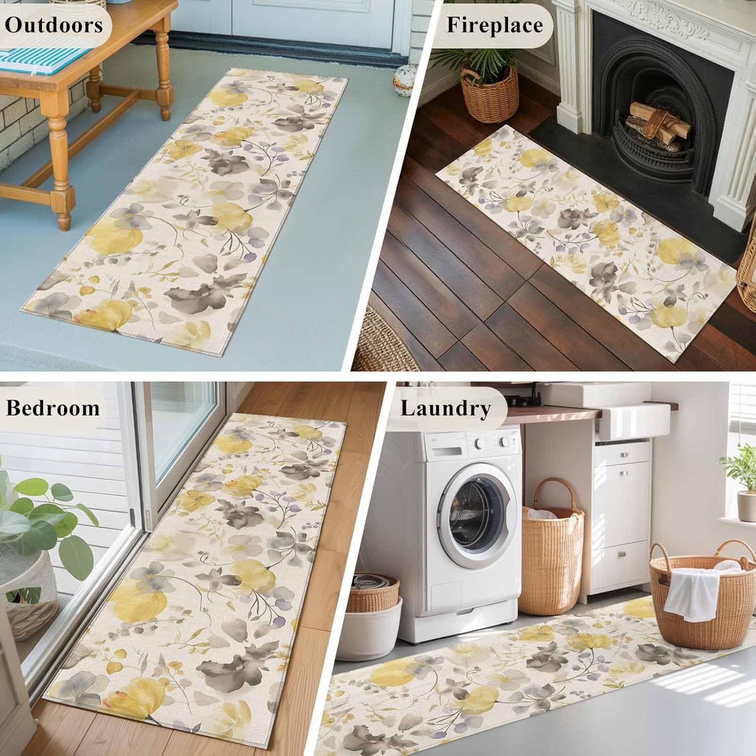 Yellow Gray Floral Runner Rug 2x6 Washable Kitchen Rug Non-Slip Lightweight Thin Soft Bathroom Runner Botanical Watercolor Plants Flowers Texture Beige Carpet for Hallway Laundry Room Bedroom Entryway