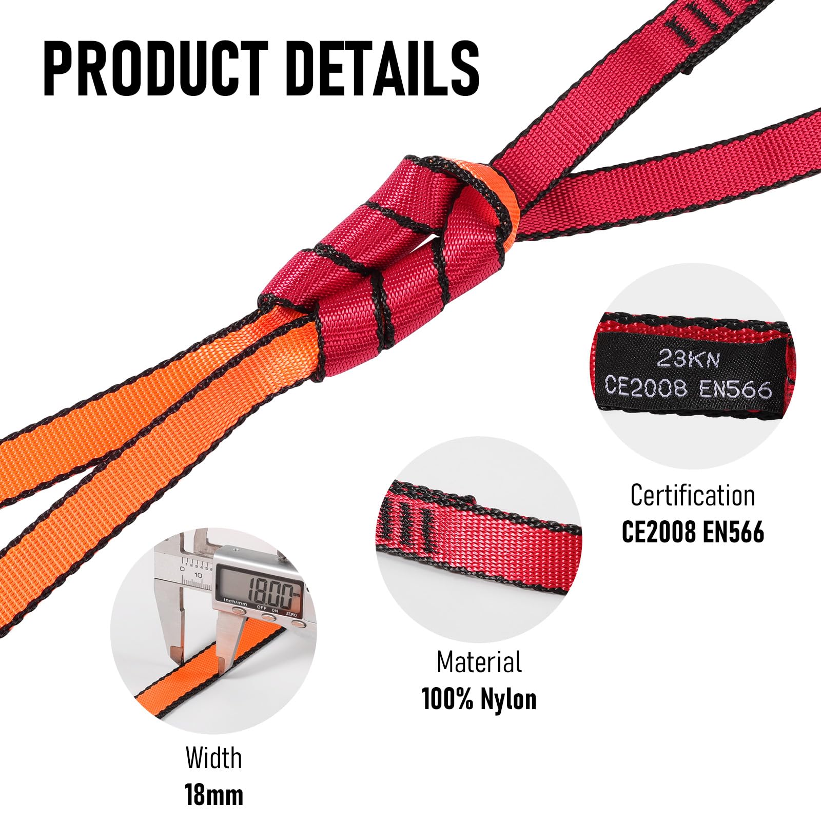 Correa de nailon para escalada de 18 mm, 23 KN CE2008/EN566, correas de cincha para escalada, rapel, aparejo de hamaca y columpio de yoga