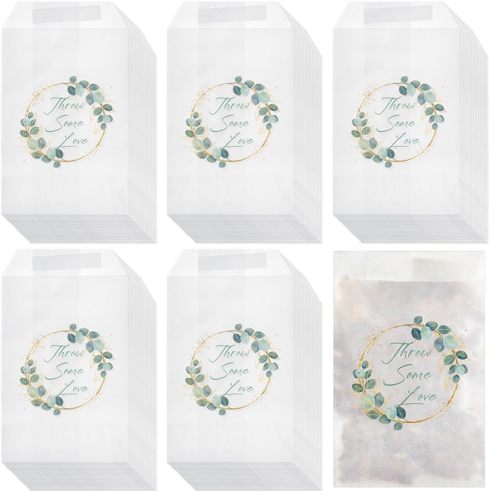 Clabby 100 Pcs Wedding Confetti Bags 105 x 70 mm Confetti Favor Hen Party Candy Bags Throw Some Love Paper Glassing Envelopes for Summer Wedding Baby Shower Bridal Shower(Green Leaf Style)