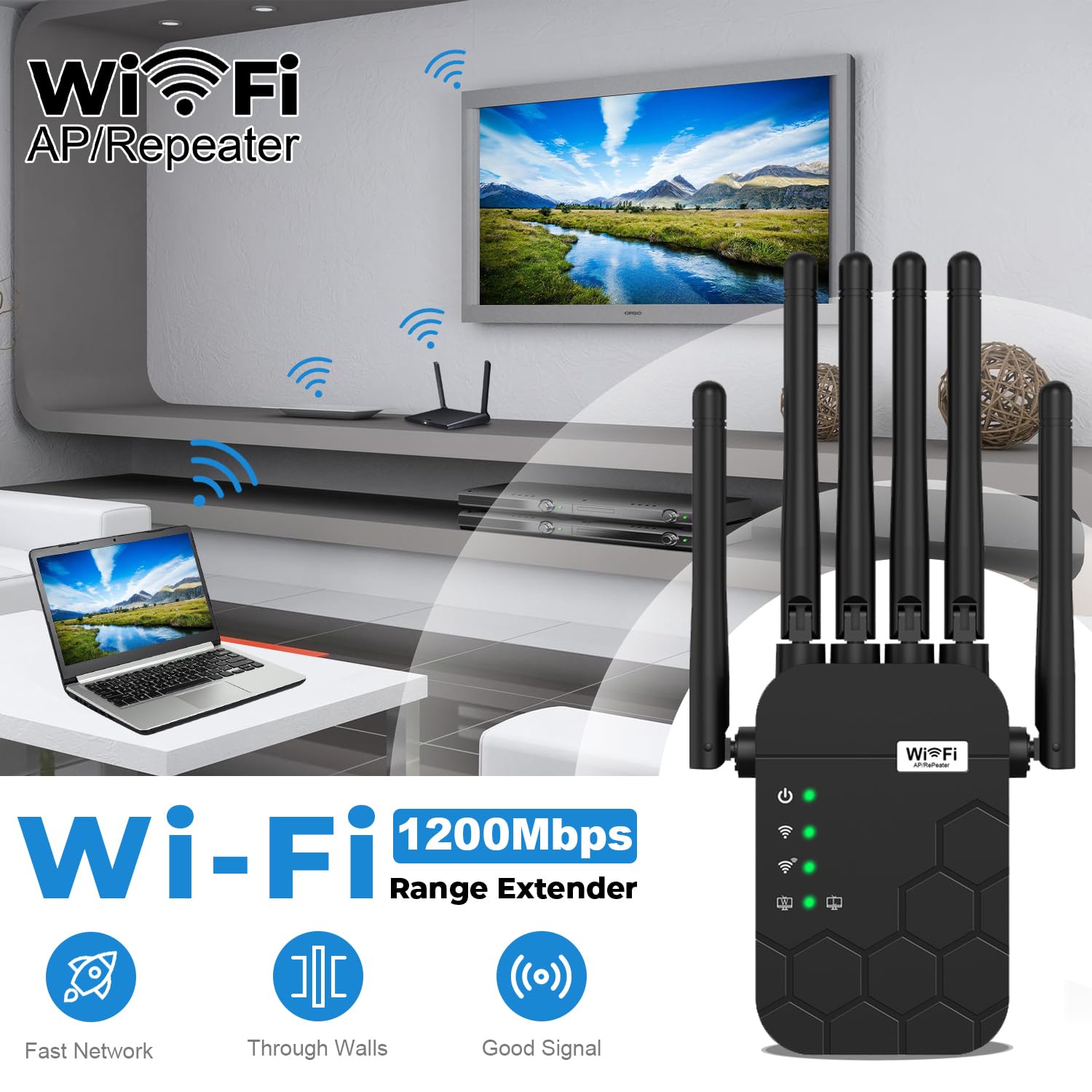 2026 WiFi Extender Signal Booster, Dual Band 5.8GHz&2.4GHz, 6X Faster, WiFi Booster Covers Up to 13880 Sq.ft, WiFi Repeater 1.2Gbps with Ethernet Port, Connects 100+ Devices, One-tap Setup — view 3