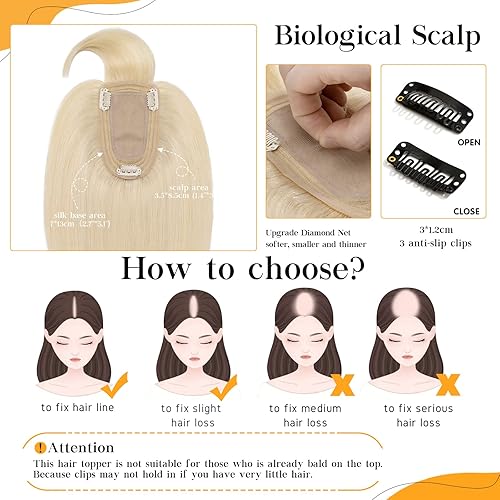 Miniatura 10 de S-noilite Toppers para el cabello para mujer, con flequillo, 8 pulgadas, base de seda negra natural #1B, clip en la parte superior para mujeres con