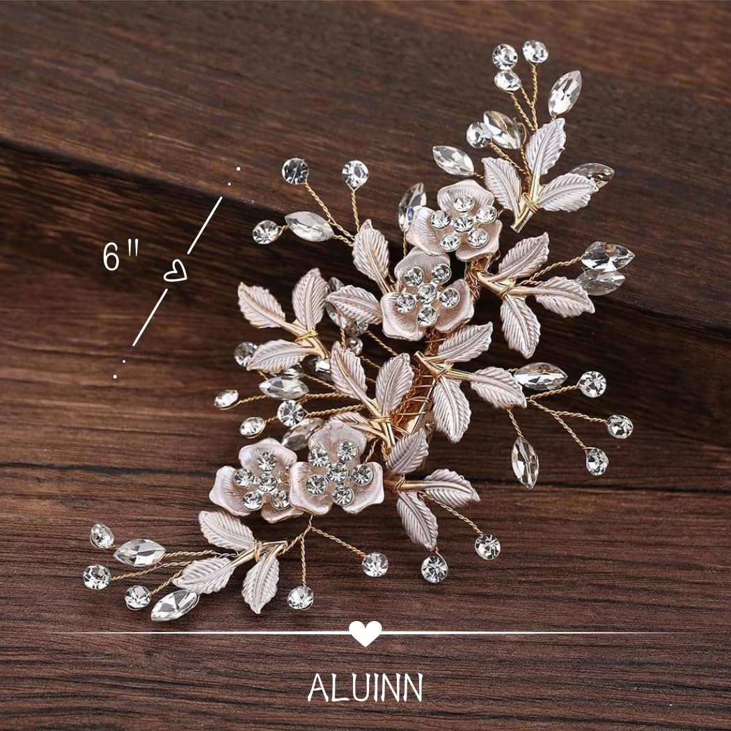 ALUINN Flower Bride Hair Comb Crystal Hair Piece Rhinestone Wedding Bridal Hair Accessories for Women Brides and Bridesmaids （Rose Gold） - Image 5