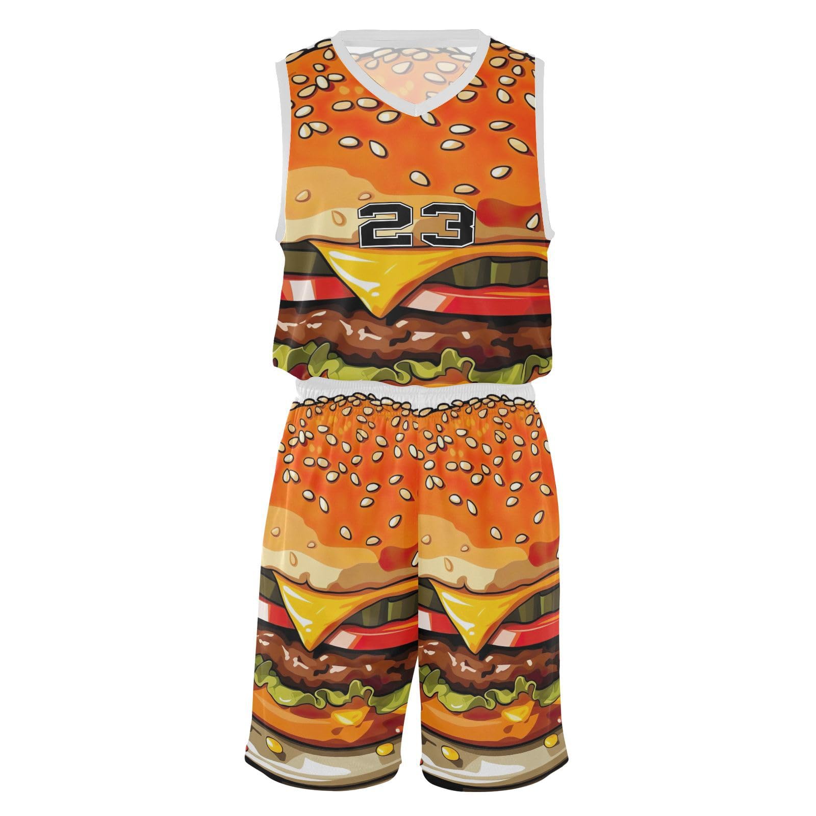 FLildon Big Hamburger Print Boys Basketball Jersey Set Tank Top Shorts Tracksuit Sport Training Suit for Kids, XXL