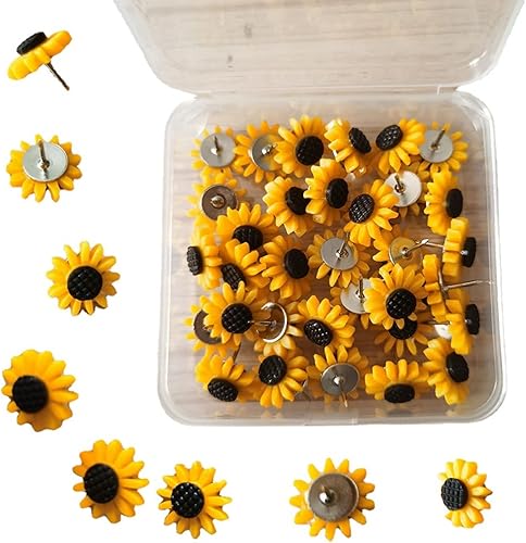 40 pines de girasol para pulgar, tachuelas decorativas de corcho con flores para tablón de anuncios, fotos, mapas de pared y otras oficinas,