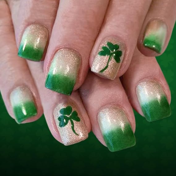 St. Patrick s Day Short Square Press-On Nails Gold Glitter & 3D Clover Set (24 PCS)