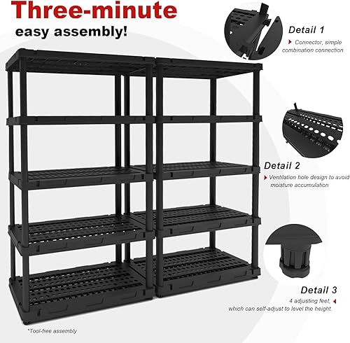 Miniatura 6 de Estantes de plástico, estantería de garaje de 5 niveles, estante de almacenamiento, estantes de 72.44 pulgadas de alto y almacenamiento, estantería