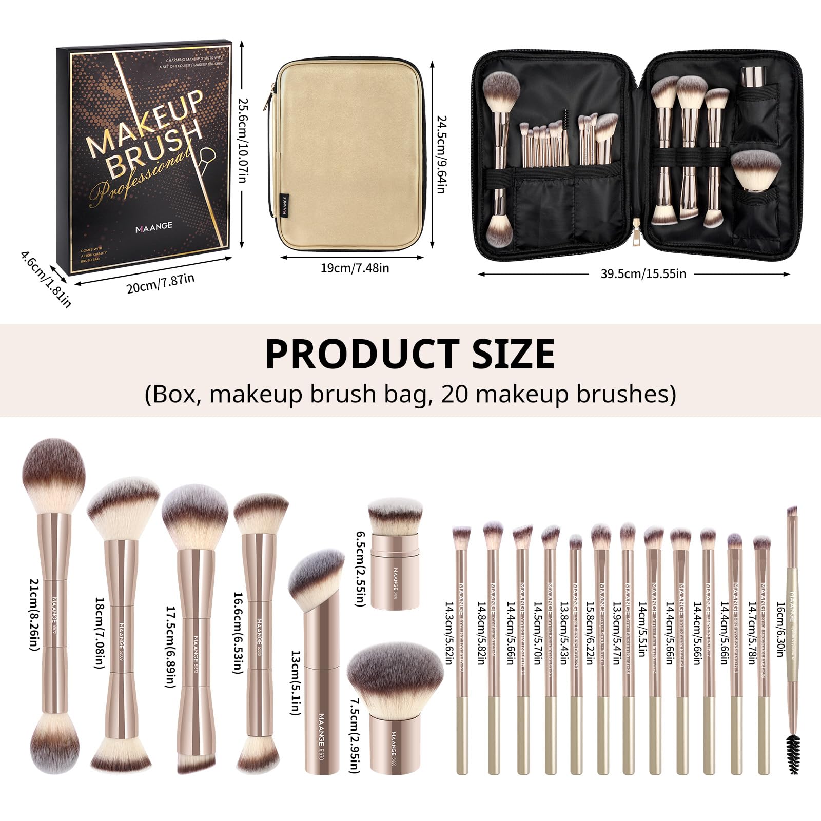 MAANGE Set di 20 pennelli da trucco con borsa, pennelli kabuki a doppia punta, pennelli per fondotinta, correttore, ombretti, crema, cosmetici, blush, strumenti per il trucco del viso, con custodia