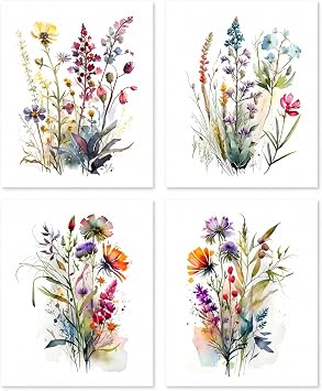 Dazzlewall 4 pcs Watercolour Wall Art Print, Colourful Floral Botanical Artwork Print, Minimalist Wall Decor for Bedroom Living Room Bathroom, 8x10 in Unframed