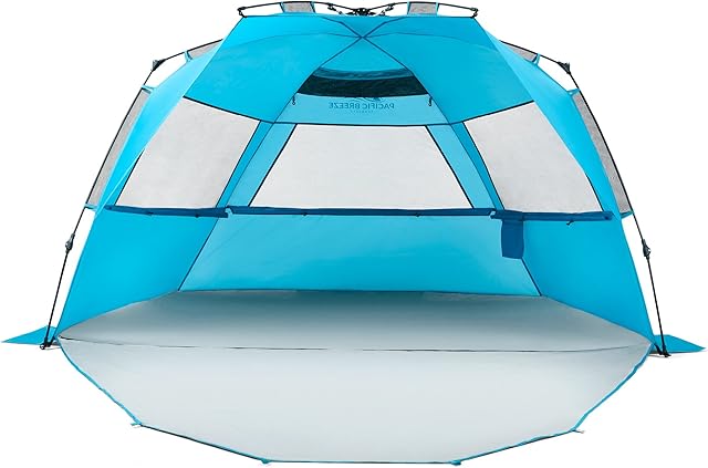 Pacific Breeze Easy Setup Beach Tent Deluxe XL with extendable Floor for Privacy, SPF 50+ Pop Up Beach Tent Provides Shade for 4 or More People