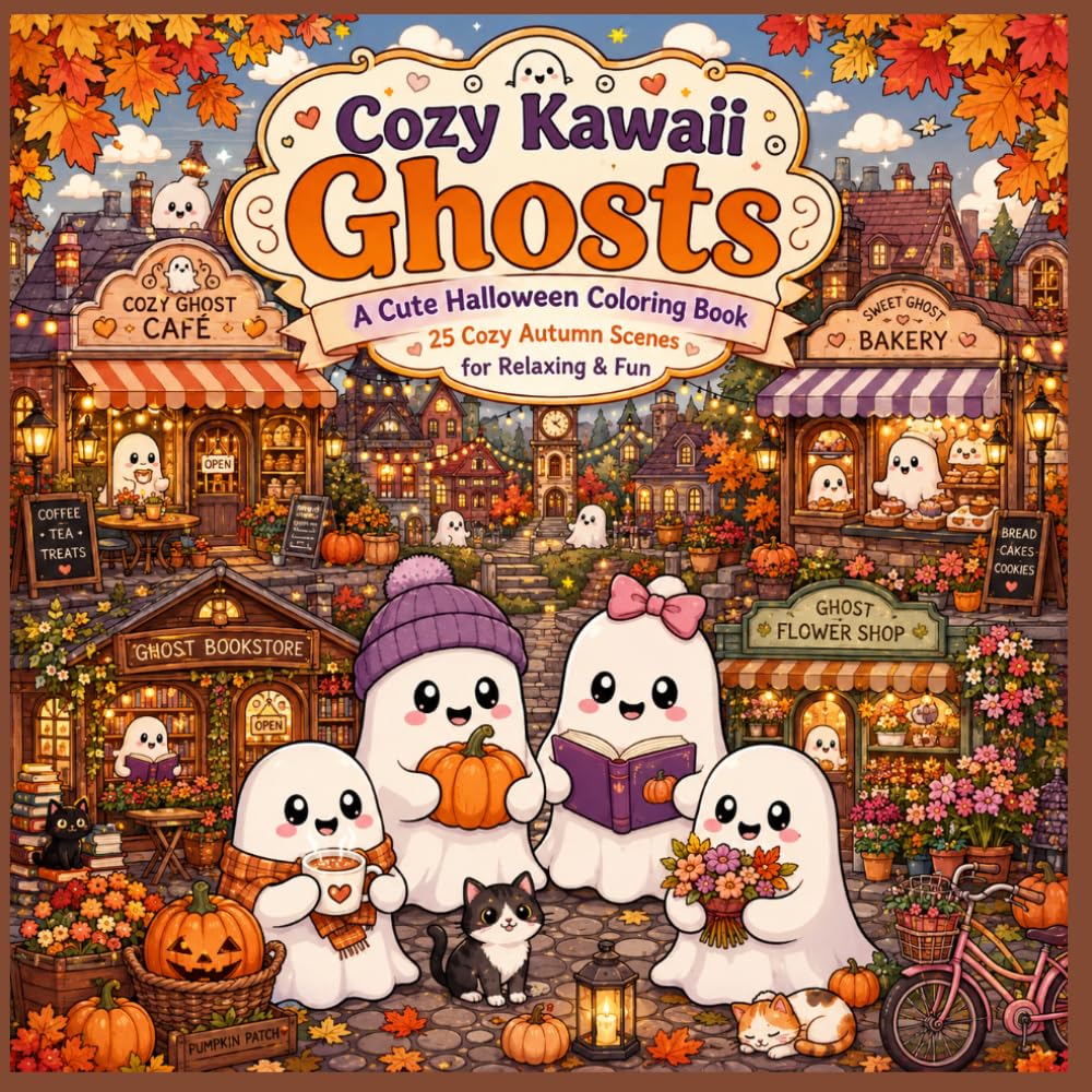 Cozy Kawaii Ghosts: A Cute Ghost Coloring Book with 25 Cozy Autumn Scenes for Relaxation & Fun
