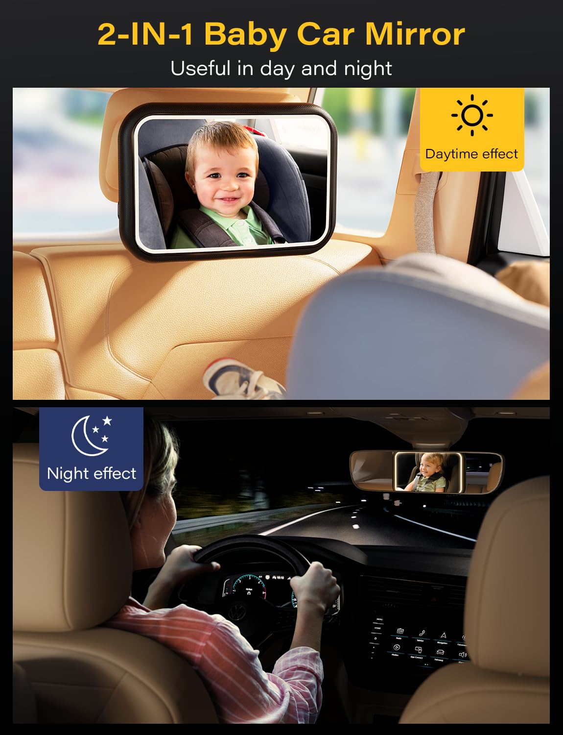TAZENI Espejo de coche para bebé con luz para bebé, recargable, espejo de bebé para asiento de coche, diseño de clip de gancho con control remoto