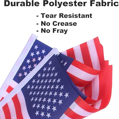 Miniatura 3 de Banderas americanas pequeñas con palos, 30 banderas de mano de 5 x 8 pulgadas, banderas estadounidenses de poliéster para decoración patriótica del