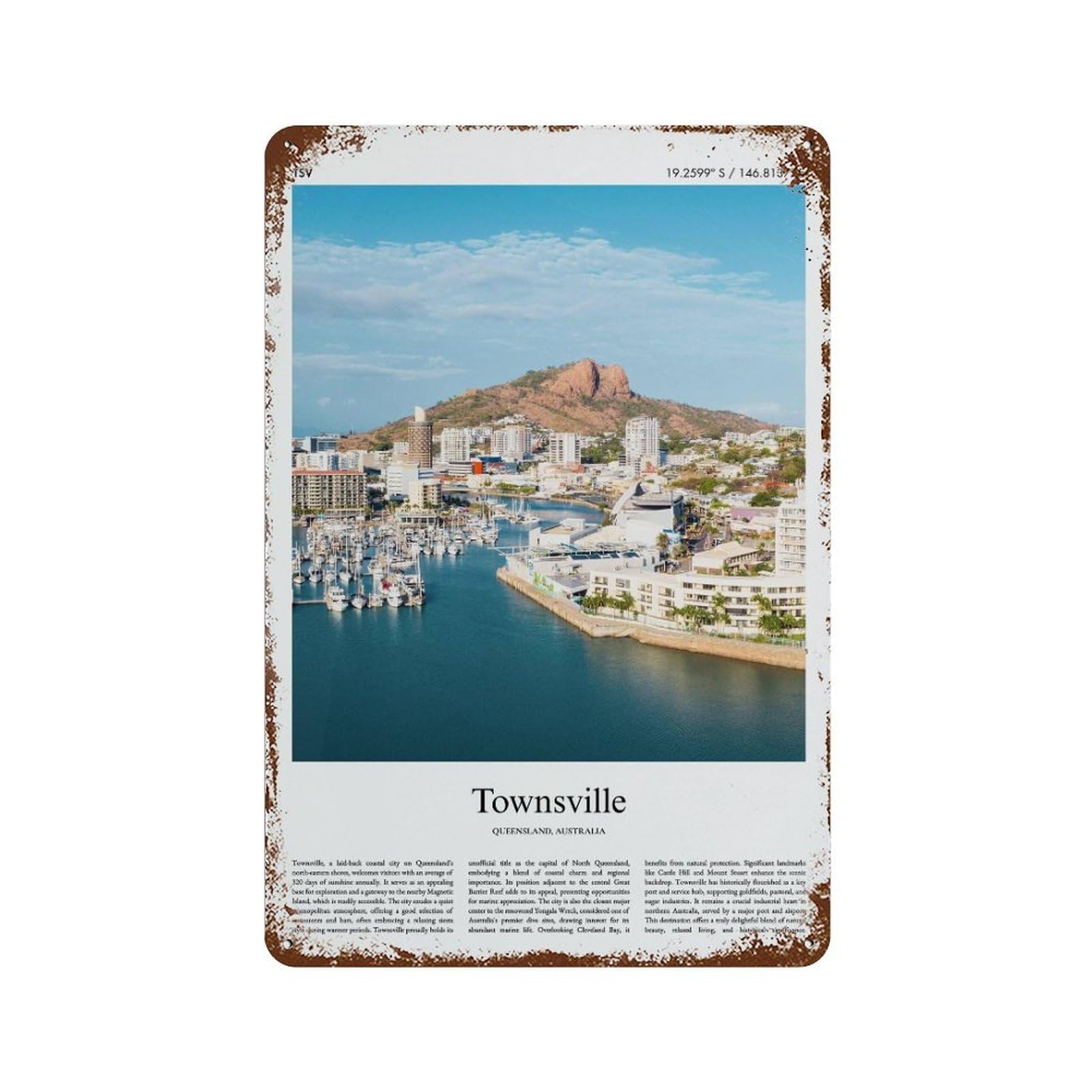xiaoxiaoshen Townsville Queensland, Australia City Scenery Wall Decor Art Metal Tin Poster Modern Home Decor Art Home Bar Shop Decorations Vintage Sign 30x20cm