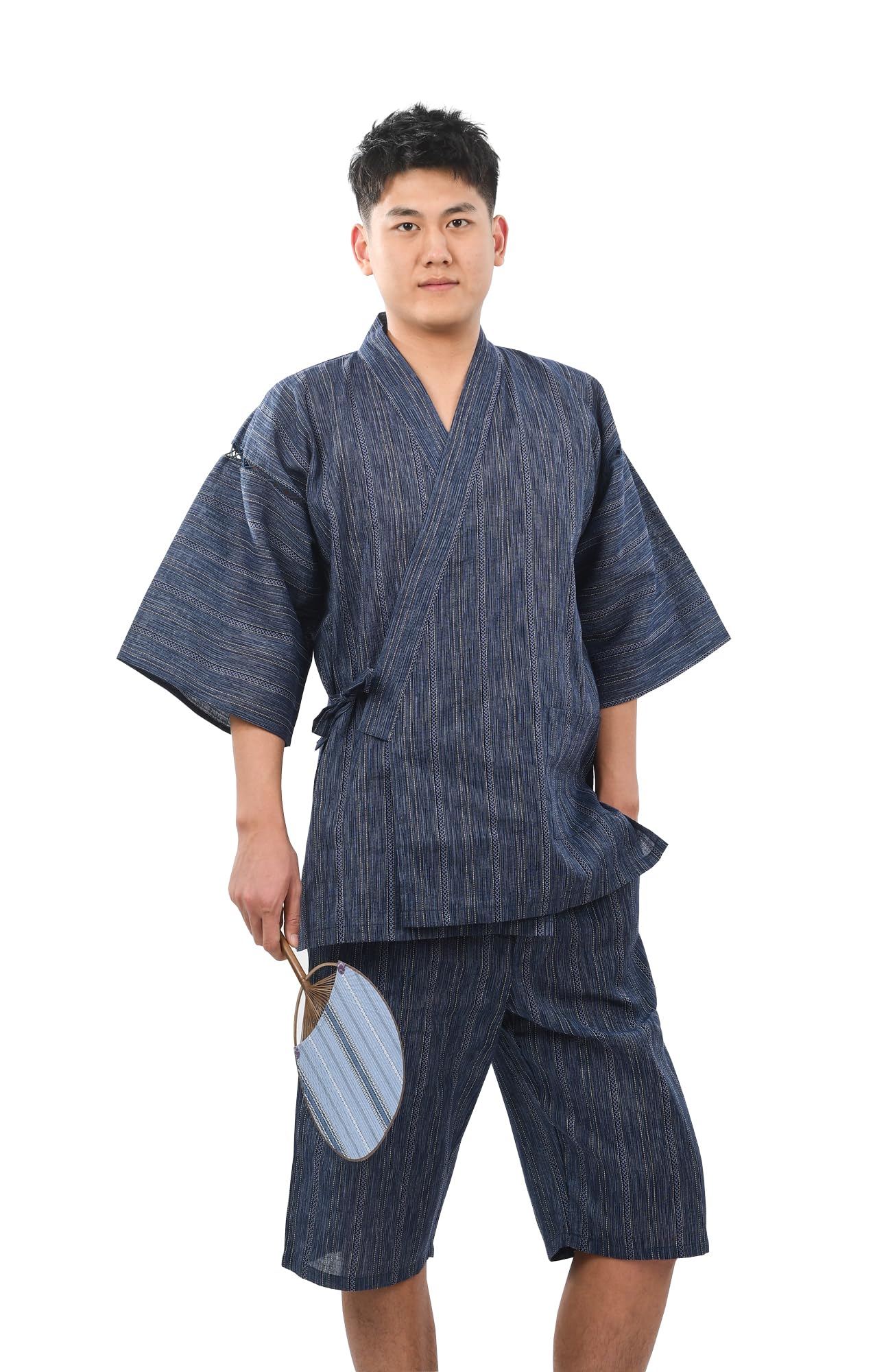 HOHO AYUMU Men's Jinbei, 10 Patterns, 100% Cotton, Yukata, Men's Kimono, Loungewear, Stylish, Shijira Weave, E pattern, L : Clothing, Shoes & Jewelry