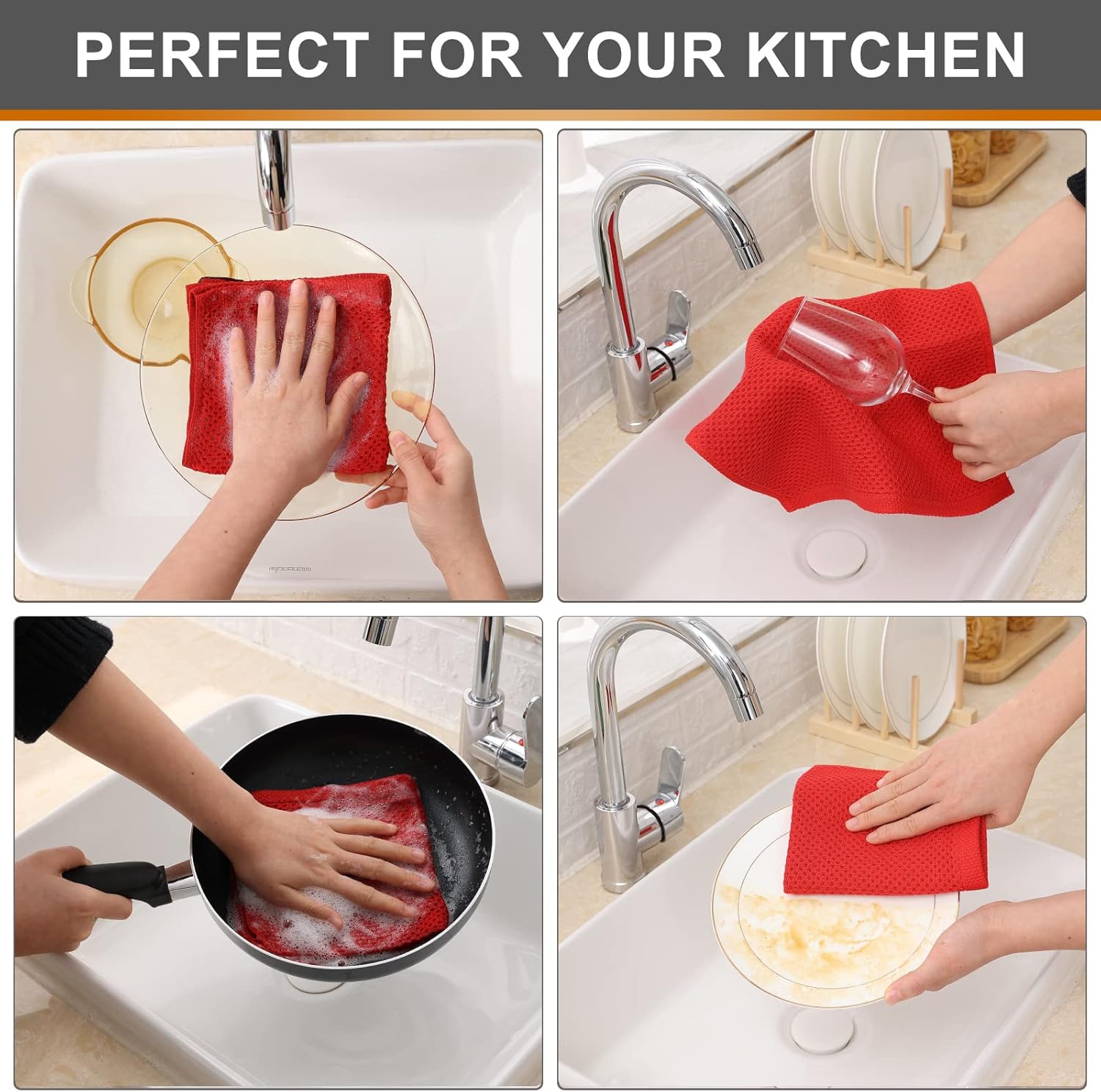 Kitinjoy 100% Cotton Kitchen Dish Cloths, 6 Pack Waffle Weave Ultra Soft Absorbent Dish Towels for Drying Dishes Quick Drying Kitchen Towels Dish Rags, 12 X 12 Inches, Red - Image 4