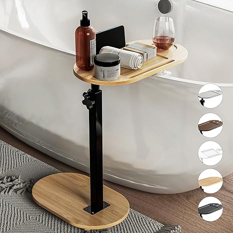 Bamboo Bathtub Tray Table with Adjustable Height, Freestanding Bath Caddy Tray for Tub Against Wall, Bathtub Side Table for Luxury Bath Home Spa Homewarming - Patent Protected (Natural)