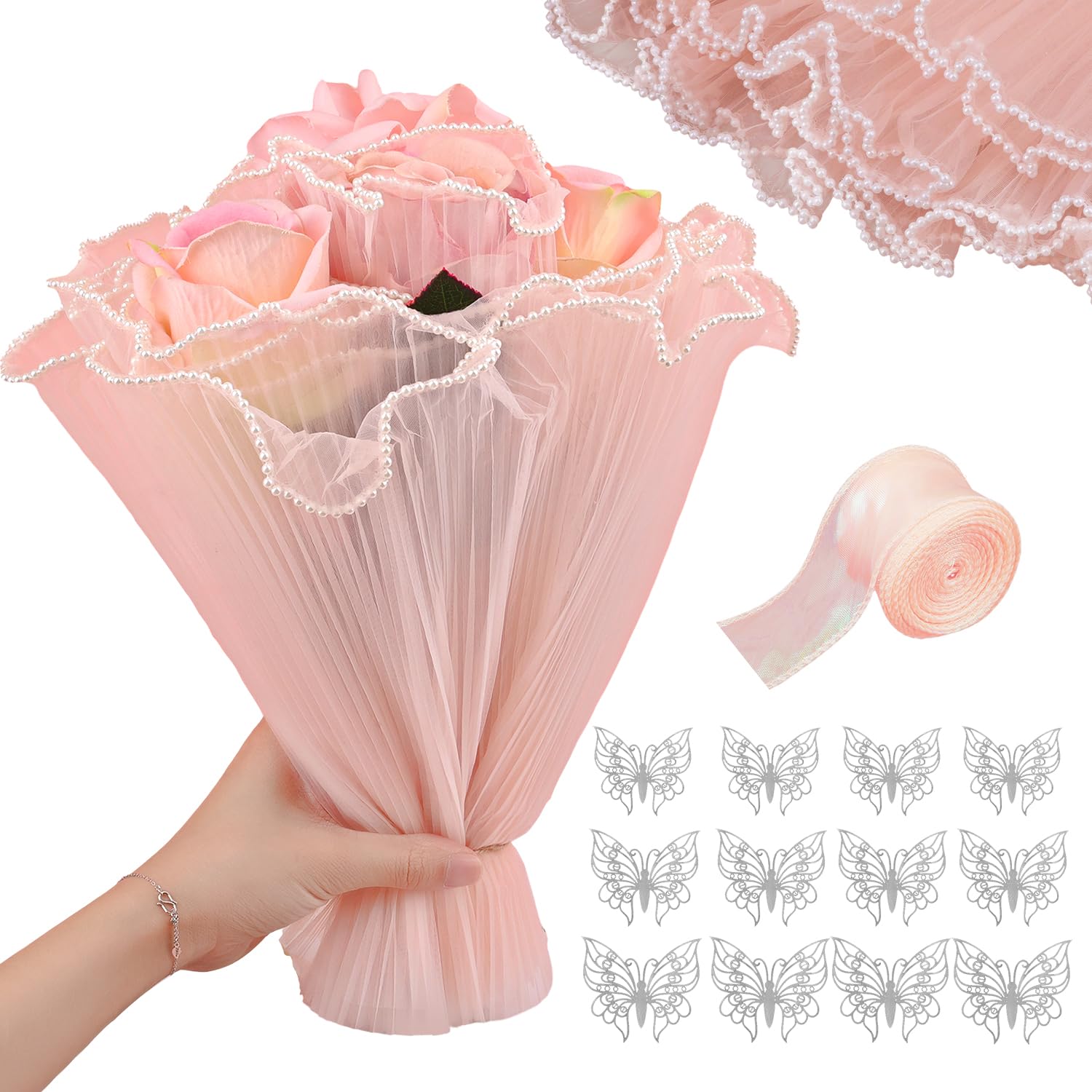 PEUTIER Flower Wrapping Paper, 4.37 Yard Wave Yarn Flower Wrapping Mesh Waterproof Wrapping Paper Floral Packing Net for Flower Shop Supplies Fresh Flowers (Pink)