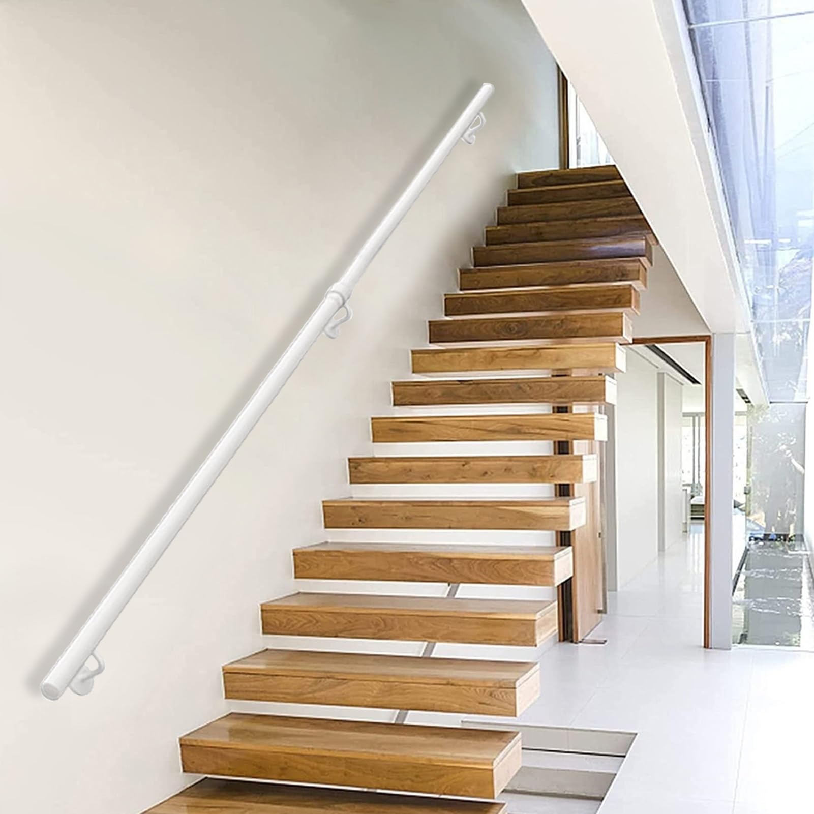Fkxsxaz White Modern Stairs Banister Handrail For Indoor Outdoor, 30-600Cm Metal Round Pipe Stair Railings Support Rod, Home Loft Corridor Elderly Kids Safety Grab Bar(18Ft/540Cm)