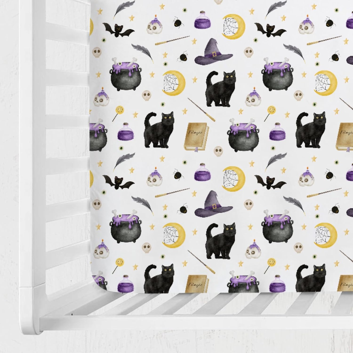 Cute Spooky Witch Cats Bats Skulls Moon Baby Crib Sheet 52''x28'' Happy Halloween Holiday Stretchy Fitted Crib Mattress Cover for Boy Girl Soft Baby Bed Sheets for Standard Crib and Toddler Mattress